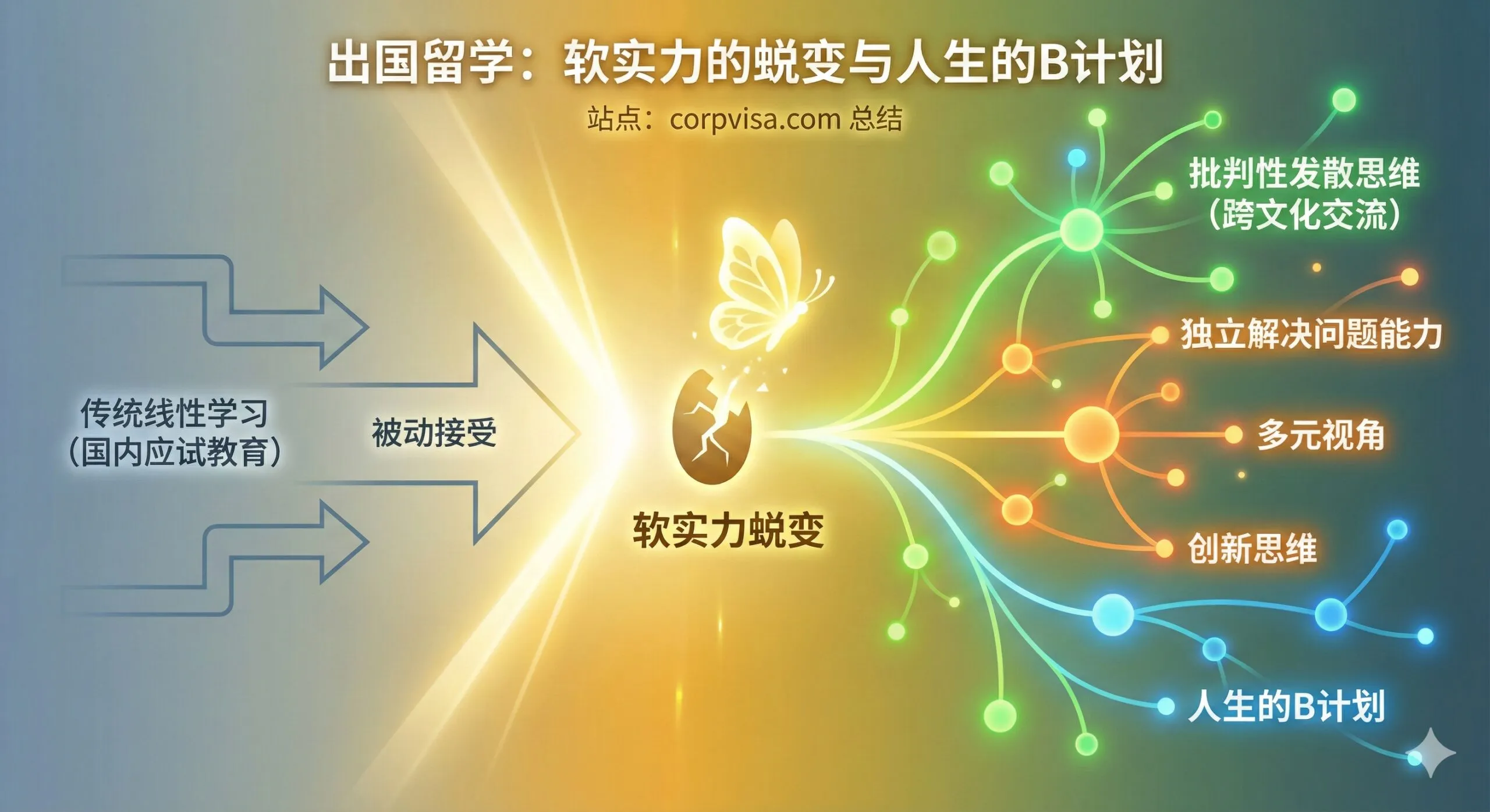 总结“维度四:软实力的蜕变”和文章核心观点“人生的B计划”。画面为一个半抽象的脑部活动图或发散思维图,左侧是传统的、线性的学习模式(象征国内应试教育),右侧是一个向外发散、色彩鲜艳、充满链接点的思维网络(象征批判性思维和跨文化交流)。中心用一个象征“蜕变”的元素连接两者,比如一个破茧而出的蝴蝶或者一道光束。画面风格采用温暖、有活力的色调,如明亮的黄色、绿色和蓝色,强调留学对个人终身软实力和独立解决问题能力的积极重塑。