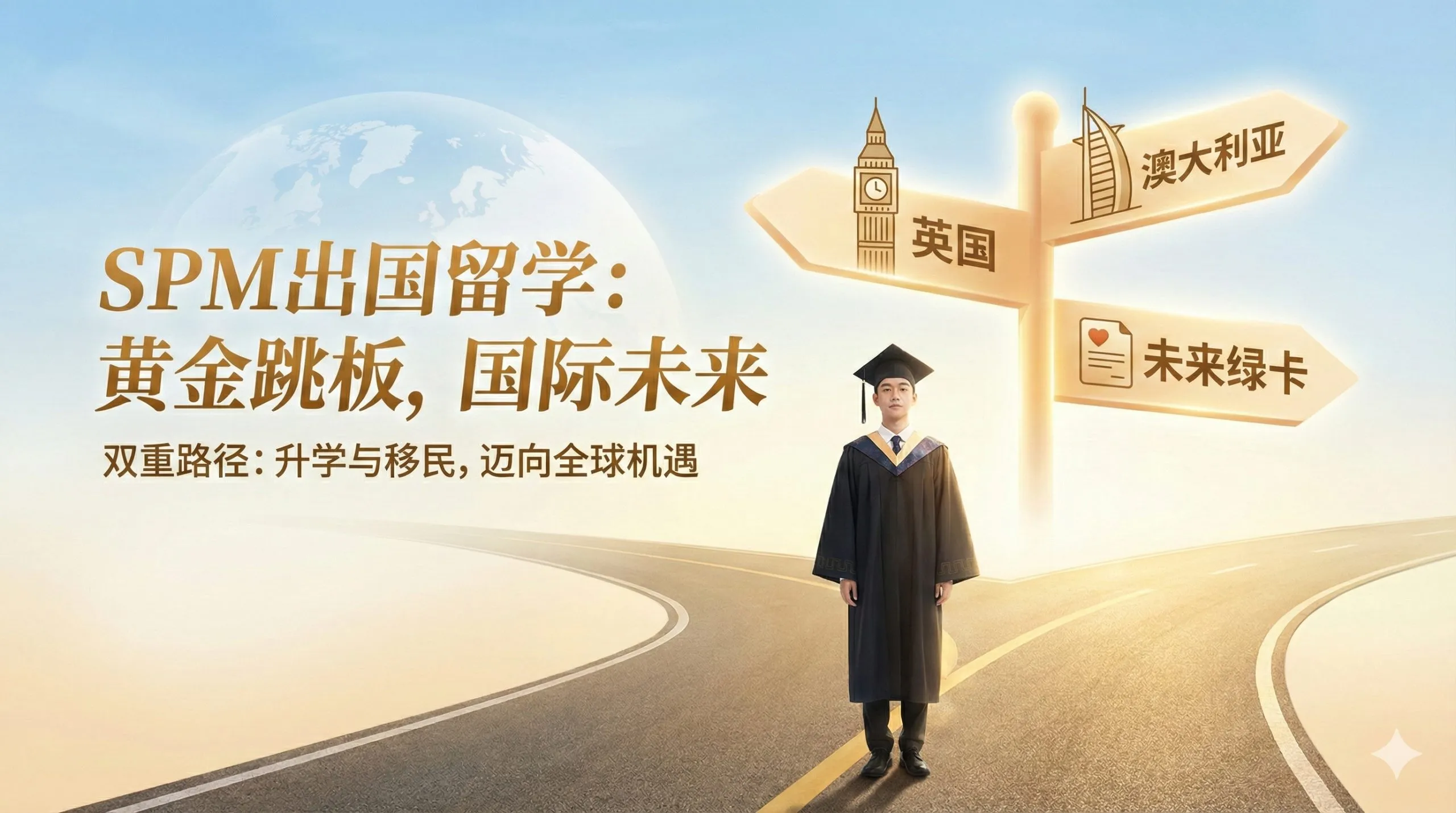 设计一张富有希望和国际感的封面图。主体是一个身着学士服的亚洲青年(代表SPM毕业生),他站在一个巨大的十字路口前,路标指向'英国(Big Ben)'、'澳大利亚(Sydney Opera House)'和'未来PR绿卡(Permanent Residence Card icon)'。背景是柔和的蓝天和地球仪的虚影。整体色彩明亮,使用金色和蓝色调,象征黄金跳板和国际化教育,视觉上强调'升学'与'移民'的双重路径。