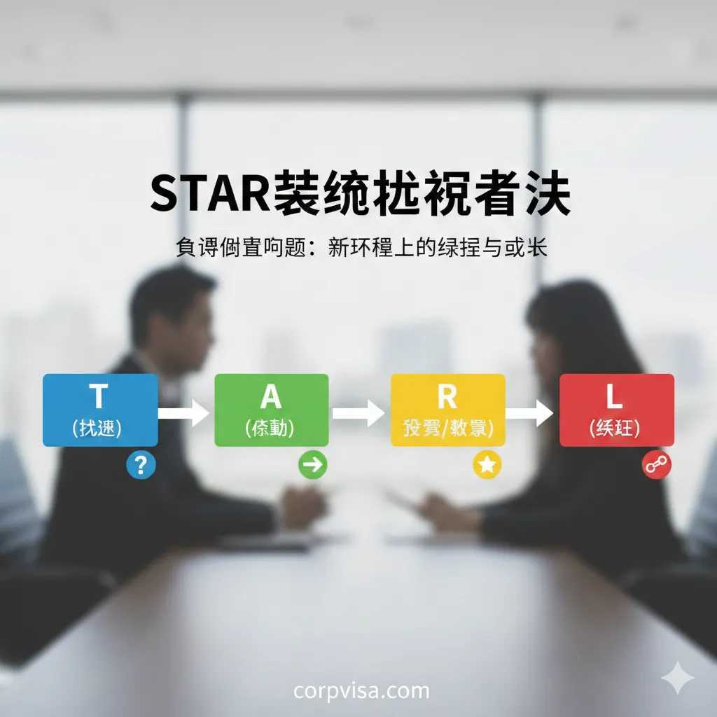 以一个流程图或STAR原则的结构化表格为中心，指导读者如何组织回答。背景是面试场景的抽象化图案，如两个坐在桌子前的人的侧影，但焦点放在流程图上。流程图包含四个明确标注的步骤：T (Task/Challenge，挑战)、A (Action，行动)、R (Result/Finding，发现/收获)、L (Linkage，关联)。每个步骤使用不同颜色突出，并配以小图标（如问号、箭头、星星、连接链），强调叙事框架的逻辑性和行动导向。风格简洁明了，突出“结构化叙事”的教程作用。