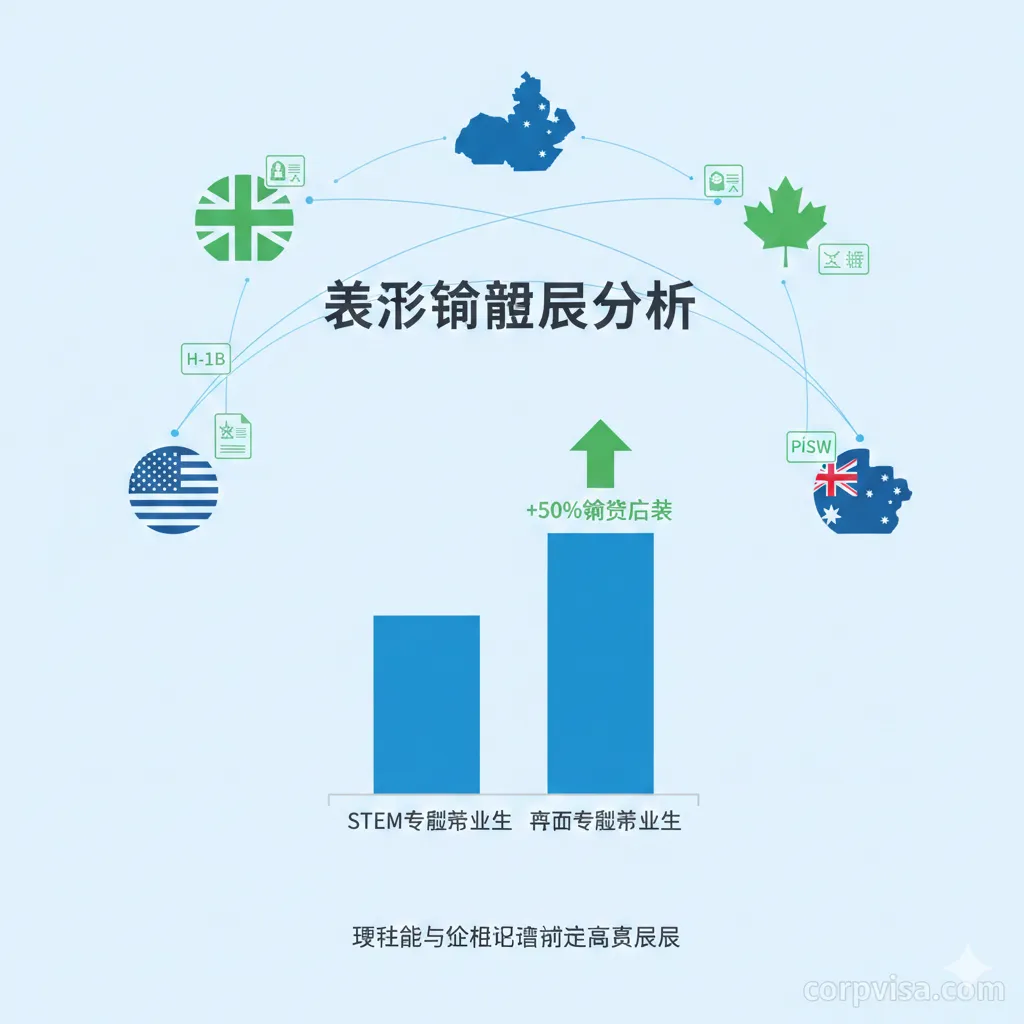 一张现代化的数据可视化图表图片,专注于展示‘留学ROI’。画面中心是一个清晰的柱状图,对比了STEM专业毕业生与普通毕业生的起薪差距,并标注了‘+50%’的增长箭头。背景中融入了英美澳加的国旗元素和签证图标(如H-1B, PSW),通过连接线形成全球网络。色彩以科技蓝和增长绿为主,风格简洁明快,强调硬技能获取与薪资回报的数据支撑。