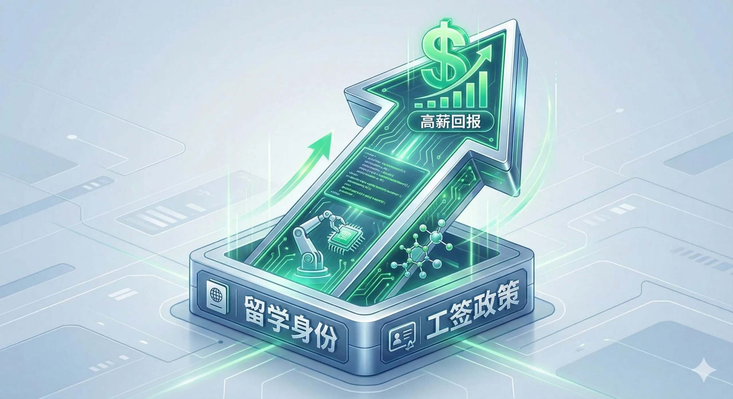 优势图片聚焦“高投资回报率（ROI）”和“身份规划的最低成本跳板”这两大核心优势。画面主体是一个大型的上升箭头，箭头内部嵌有STEM专业的关键元素符号（如代码、机器人手臂、化学分子式），箭头顶端是硕大的美元符号或高薪图表。箭头下方基座稳定，并刻有“留学身份”和“工签政策”字样，象征其作为身份规划稳健跳板的基础作用。整体色彩明快，使用代表金融和科技的银色与绿色，突出其投资回报和职业增长潜力。