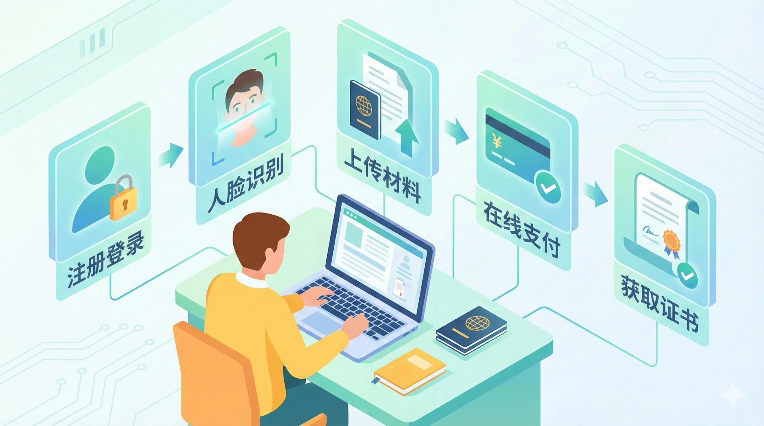 一张清晰的流程指引插图，展示留学生在笔记本电脑前办理在线认证的场景。画面中包含浮动的全息图标，依次代表：注册登录、人脸识别、上传材料（护照、成绩单）、在线支付、获取证书。构图采用等距视角（Isometric），色彩清新，强调流程的便捷化和无纸化，帮助用户直观理解线上办理步骤。
