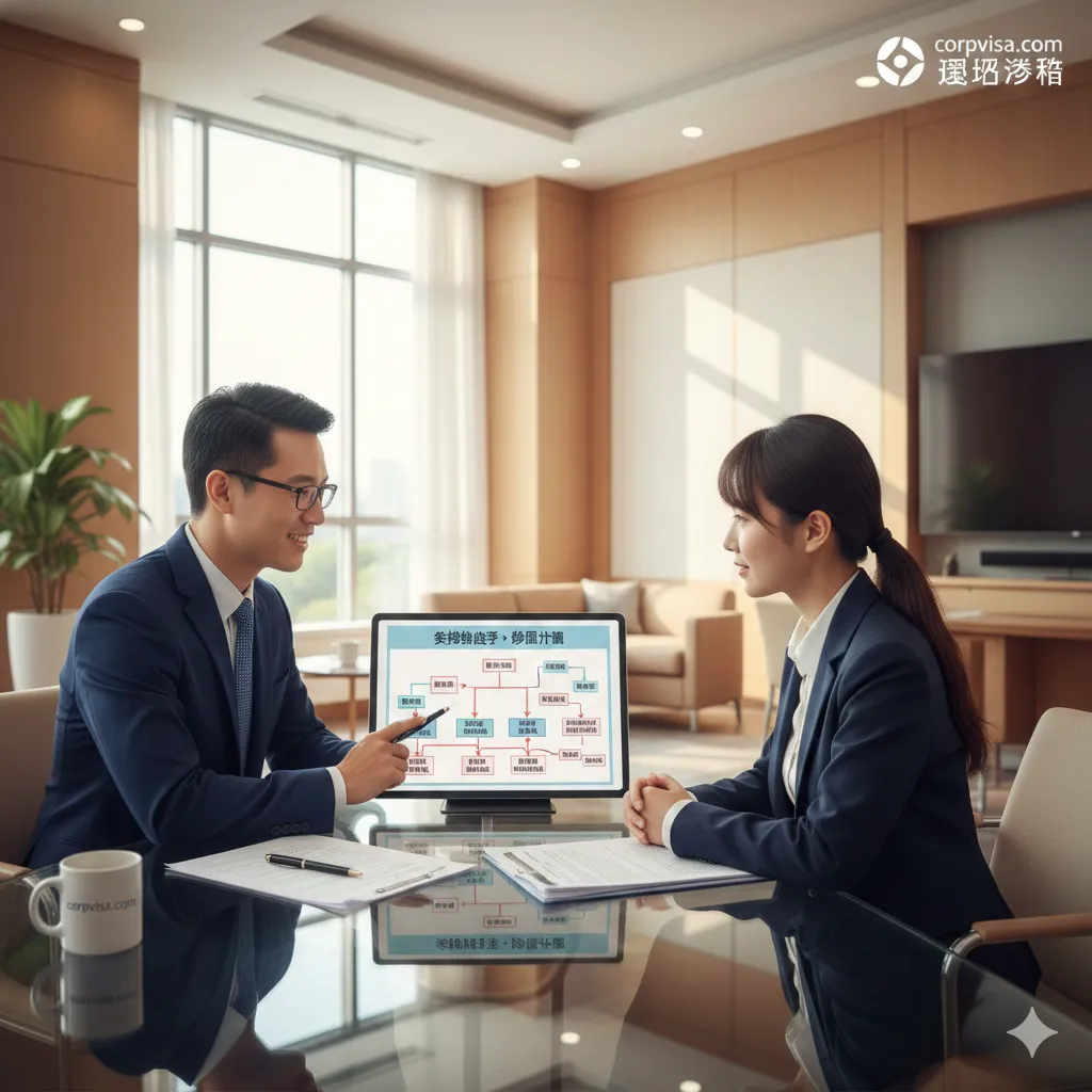 教程图旨在展示如何进行“战略性留学→移民规划”的指导过程。画面中一位专业的顾问(穿着商务装)和一位留学生(或家长)坐在明亮的咨询室中,面前的平板电脑上显示着一个复杂的决策树或数据图表,上面标注着“STEM专业”、“紧缺职业列表”、“地区加分”等关键词。图片风格应是专业、可信赖的,使用暖色灯光和清晰的线条,突出corpvisa.com的专业咨询服务,指导用户优化专业和地区选择以实现身份目标。