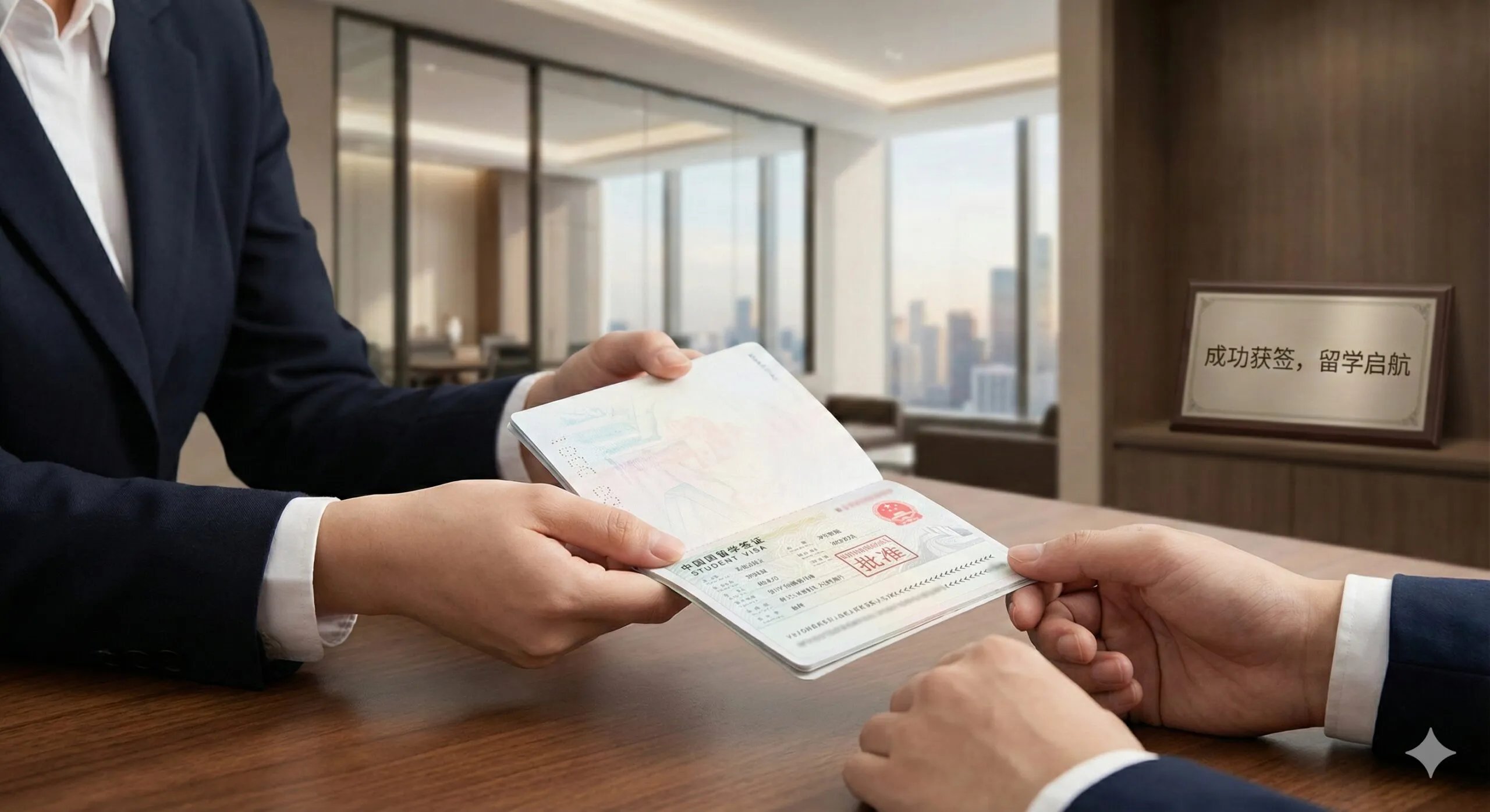 一张体现专业签证服务的商务场景图。画面聚焦于一双专业人士的手（代表Corpvisa专家）正在将一本贴有签证贴纸的护照递给客户，护照上的签证页清晰可见。背景是模糊的高端律师事务所或咨询办公室环境，透过玻璃窗可以看到城市天际线。画面传递出稳重、成功、合规的感觉，强调获得签证才是留学成功的关键。