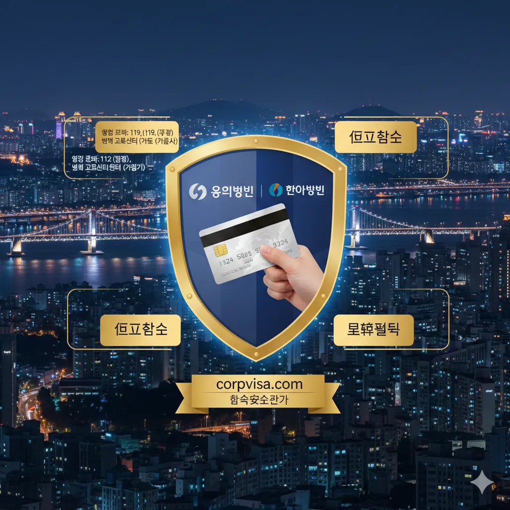 总结图片和安全部分('银行卡安全与紧急情况处理')相关联。画面背景为夜景下的首尔,中央是一个醒目的盾牌或锁的图标,象征资金安全。盾牌内融合了韩国主要银行(如友利、韩亚)的Logo图标和一张被手紧紧握住的卡片,代表安全保管。周围环绕着应急电话号码(以韩语和数字形式展示)和'立即挂失'、'保留凭条'的文字提示。整体色彩偏向深蓝和金色,营造专业、可靠和安心的氛围。构图稳定,中心化,强调corpvisa.com作为'留学安全管家'的角色。