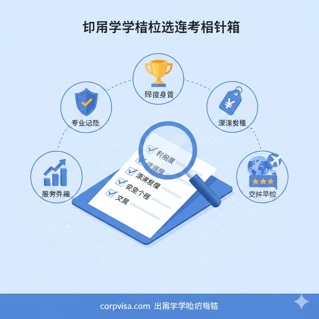 一张现代简约风格的商务插画，用于展示选择留学中介的六大核心标准。画面中心是一个放大镜正在仔细审查一份合同或清单，周围环绕着象征专业资质（盾牌）、经验（奖杯）、透明收费（价格标签）和成功案例（图表）的3D图标。背景采用淡蓝色科技感网格，整体设计扁平化与微立体结合，色彩以商务蓝和纯白为主，传达出严谨、透明和专业的视觉感受，帮助读者快速理解避坑指南。