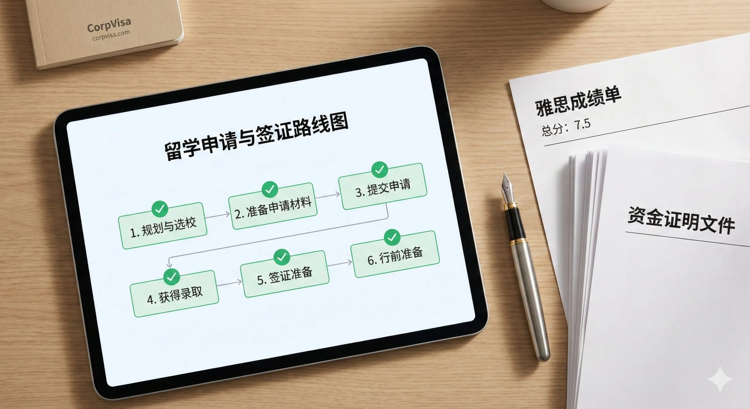 一张俯视视角的极简主义办公桌面摄影图，展示留学申请的全流程规划。画面中心是一个平板电脑，屏幕上显示着带有勾选标记的'留学申请与签证路线图'。旁边整齐地摆放着雅思成绩单、资金证明文件和一支高档钢笔。柔和的自然光照射在桌面上，营造出井井有条、准备充分的氛围，强调CorpVisa在文书准备和流程控制上的严谨性。