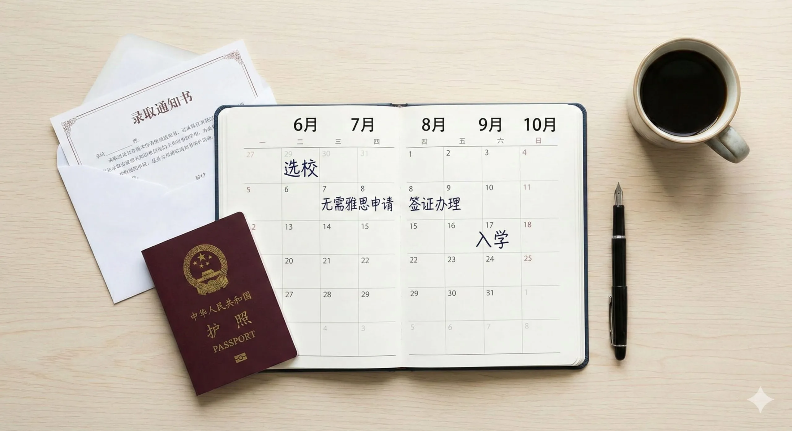 极简风格的时间轴信息图或俯拍视角的桌面办公场景。画面重点展示一份6月至10月的日历计划表,上面标记着关键节点:“选校”、“无需雅思申请”、“签证办理”、“入学”。桌面上摆放着护照、offer录取信、一支钢笔和一杯咖啡。光线柔和明亮,营造出一种井然有序、规划清晰的氛围,帮助学生理解“高考后极速留学”的时间紧迫性与可行性。