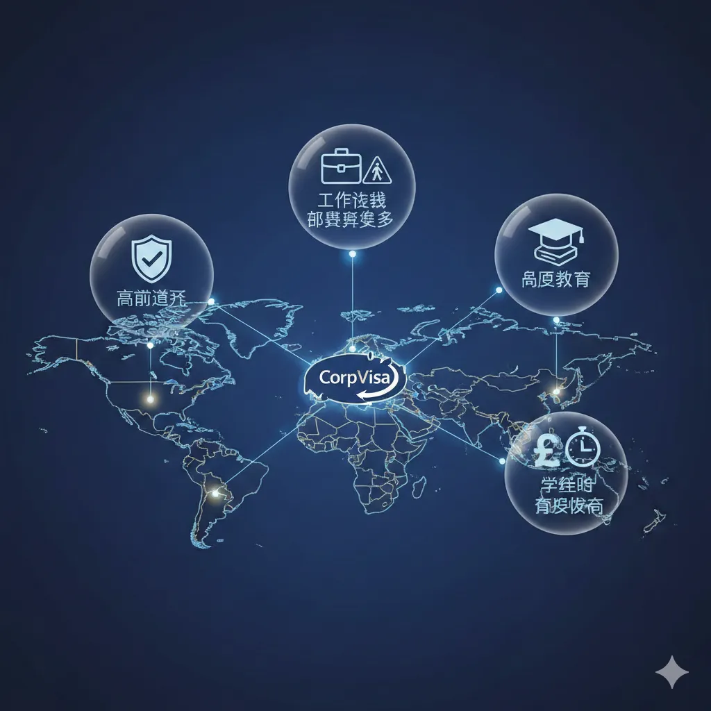 一张清晰的3D风格信息图表，展示世界地图上的主要留学目的地（美国、加拿大、澳洲、英国）。每个国家上方悬浮着代表其核心优势的图标（如通过率盾牌、工作签证公文包、学术帽）。背景采用专业的企业深蓝色调，并配以数据连接线，象征着CorpVisa对全球留学与移民政策的深度对比分析，视觉风格现代、科技感强，体现决策的理性和专业度。