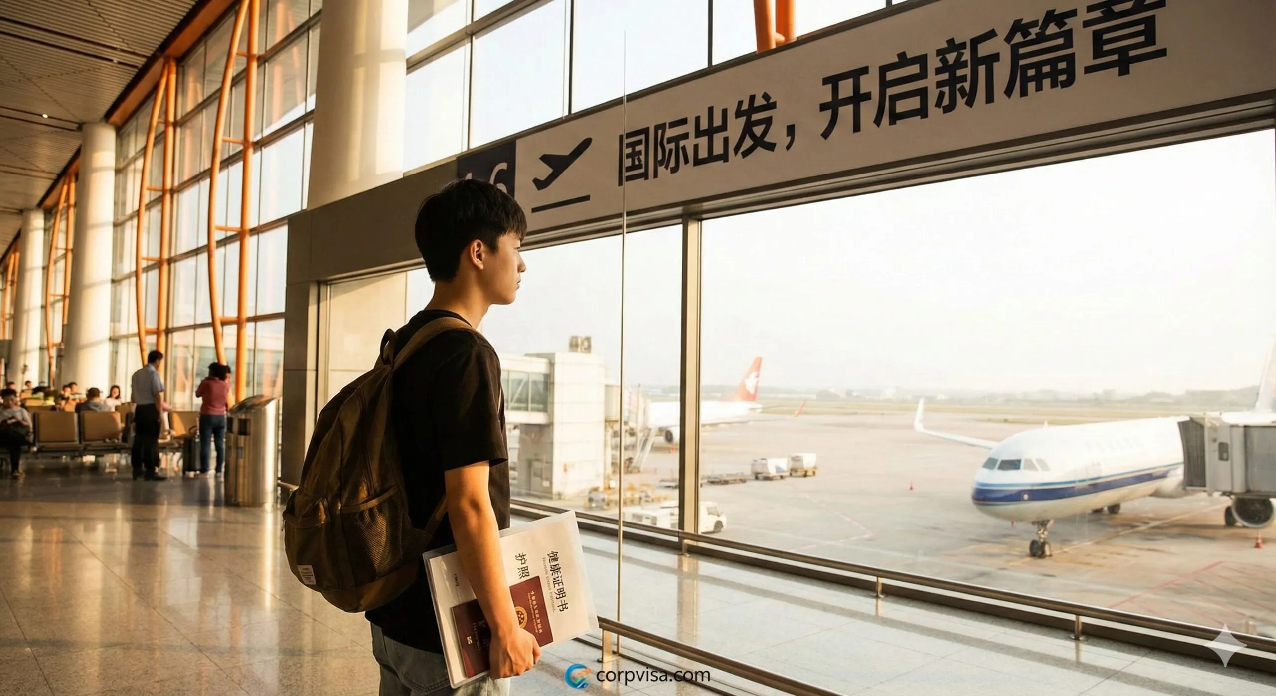 一张充满情绪价值的总结性图片。一名背着双肩包的年轻学生站在宽敞明亮的国际机场出发大厅，透过巨大的落地窗看着停机坪上的飞机。学生手中拿着装有护照和体检证书的文件袋，姿态自信且放松，寓意顺利通过健康关卡，即将开启留学新篇章。色调温暖、明快，激发用户对未来的憧憬，强化Corpvisa陪伴用户直至安家落地的品牌温度。