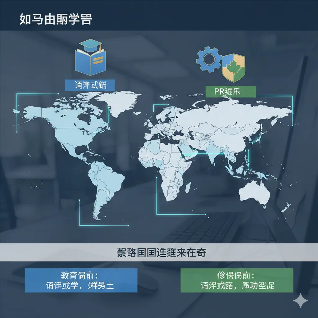 一张现代风格的概念图，用于对比热门留学国家。画面展示了一张精致的世界地图，重点高亮了美国、英国、加拿大和澳大利亚。在加拿大和澳大利亚上方悬浮着'毕业工签'和'PR绿卡'的3D图标，而在英美上方则是'顶尖学术'的图标。设计风格采用商务信息图表风格，线条简洁流畅，配色清晰，直观地传达出教育导向与移民导向国家的不同选择策略。
