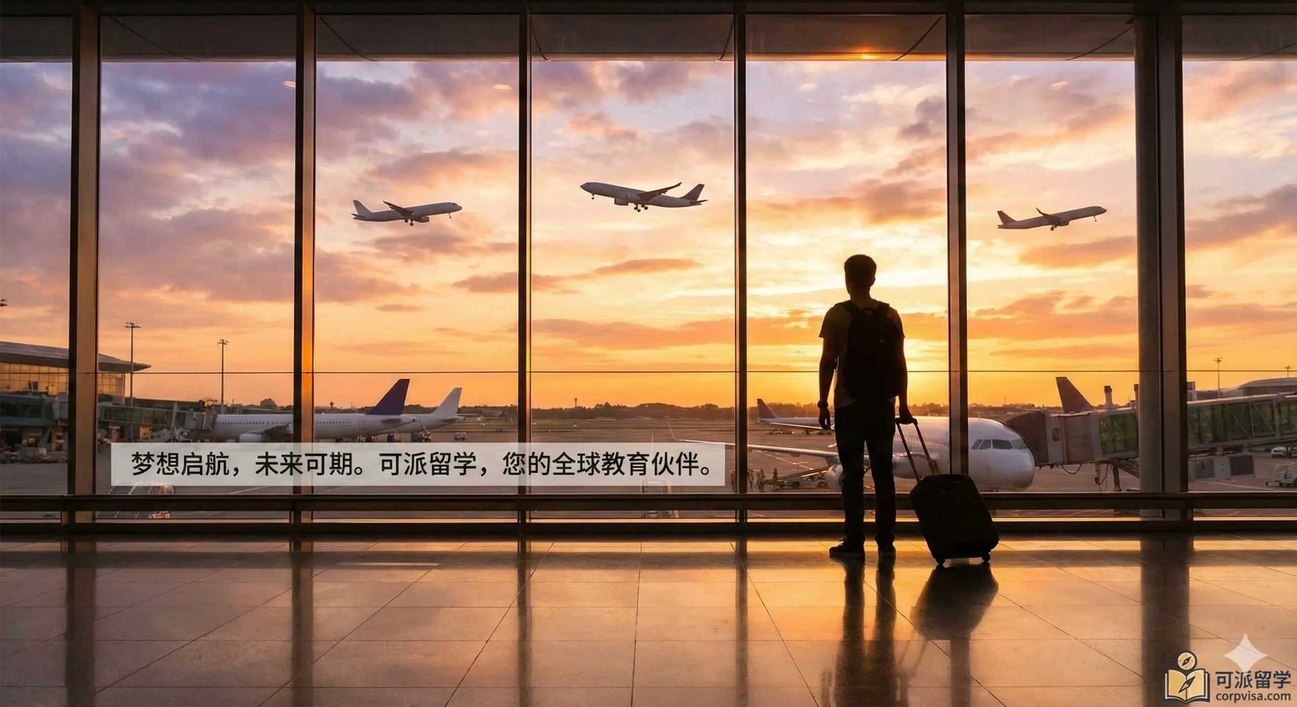 一张极具感染力的总结性图片，描绘留学梦想成真的场景。画面展示一位留学生在国际机场候机大厅，手推行李箱，透过巨大的落地窗眺望起飞的飞机，窗外是壮丽的夕阳或朝霞。画面构图开阔，光影效果极佳，人物剪影充满期待与自信。图片寓意通过靠谱的中介服务最终顺利踏上留学征程，激发读者的行动欲望，完美呼应文章的行动呼吁。