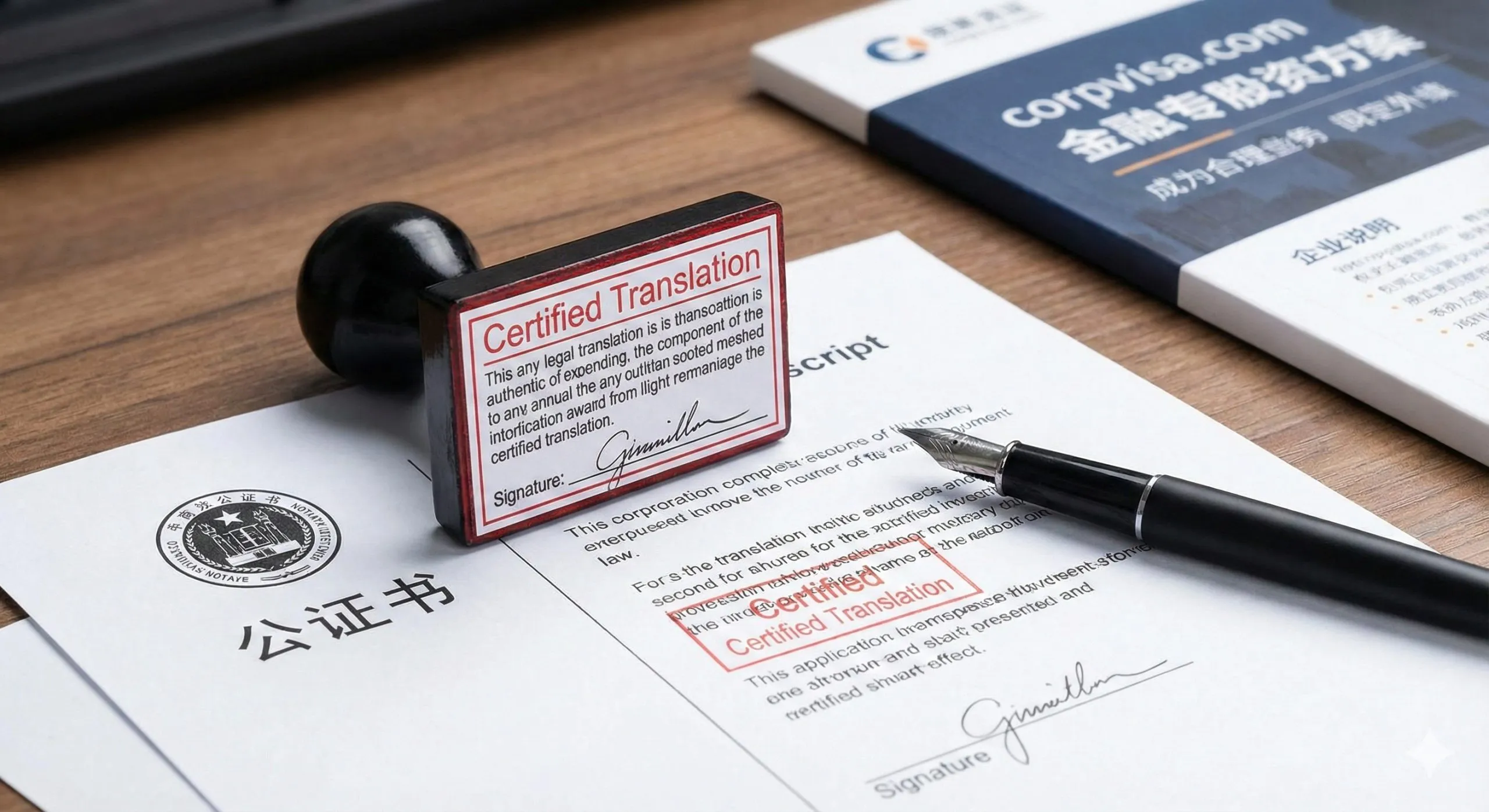 一张微距摄影图，聚焦于一份官方成绩单上的'Certified Translation'（认证翻译）盖章。印章细节清晰，红色的印泥与黑色的英文法律条款形成对比，旁边还有签字笔和公证文件。