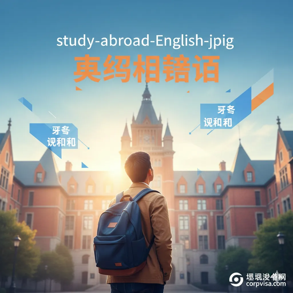 一张极具启发性的封面图片，展示一位背着双肩包的亚洲留学生站在宏伟的欧美大学校园建筑前，仰望前方。画面中融入半透明的英语单词元素，如'IELTS', 'Offer', 'Visa'悬浮在空中，象征着语言是通往梦想的桥梁。光线采用清晨的暖阳，寓意光明的未来。色调以学术蓝和活力橙为主，构图中心突出人物背影与远方建筑的呼应，风格现代且充满希望。