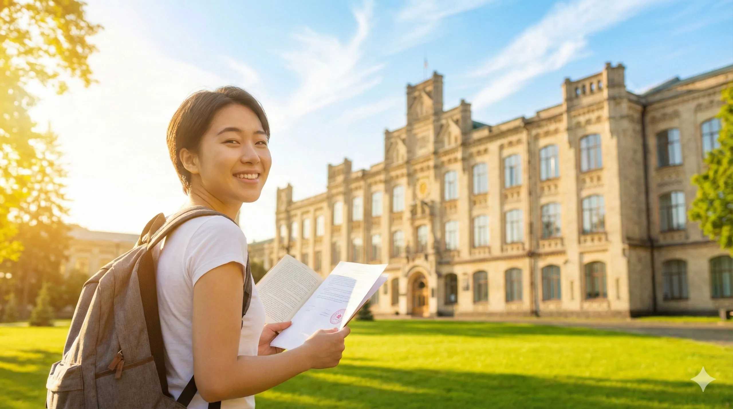 充满阳光与希望的总结性图片。一名背着书包的留学生站在国外著名大学的古老建筑前，回头微笑，手中拿着录取通知书或书本。背景是蓝天白云和绿色的草坪，透视感强，象征着攻克语言难关后顺利出海的成功未来。