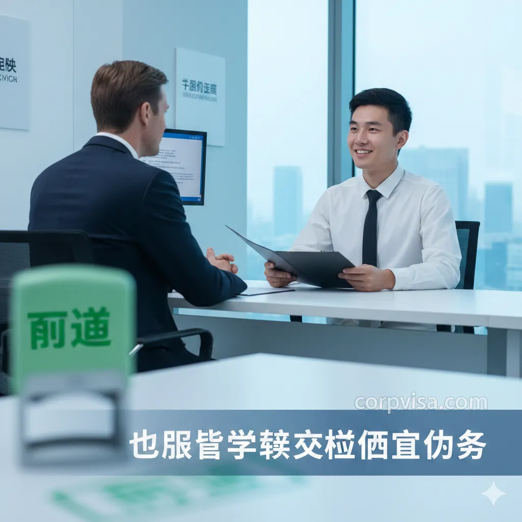 一张展示模拟签证面试场景的专业图片，体现CorpVisa的服务优势。画面中一位自信的学生正坐在办公桌前与一位外籍面试官（VO）进行交流，学生面带微笑，姿态放松，手中拿着整理好的文件夹。前景虚化处隐约可见一个绿色的'APPROVED'印章图案。环境为明亮、整洁的现代化办公室，光线明亮，色调偏冷色系，传递出专业、可信赖和通过率高的视觉暗示。