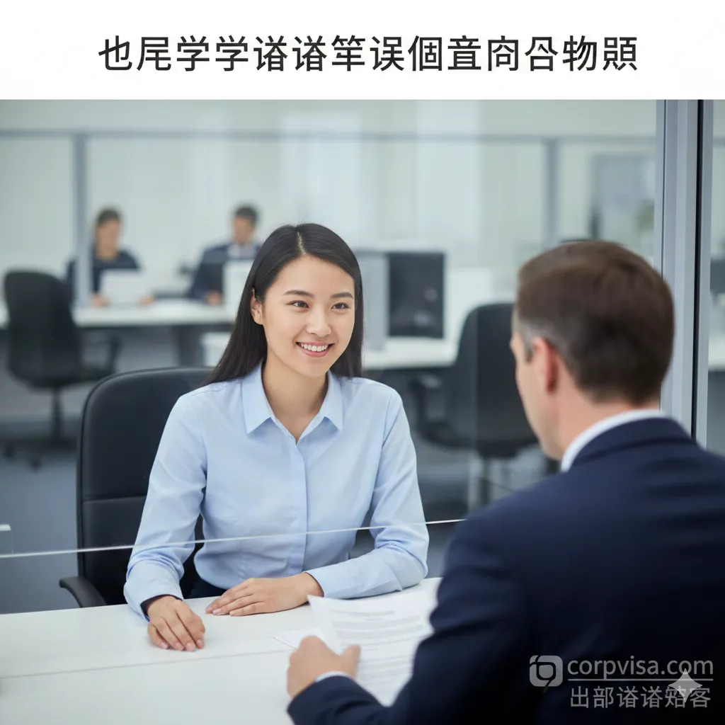 模拟真实的签证面试场景。画面展示一名申请者自信地坐在柜台前，与玻璃窗后的签证官进行英语交流。申请者着装得体（Business Casual），面带微笑，手势自然，展现出良好的英语沟通能力。
