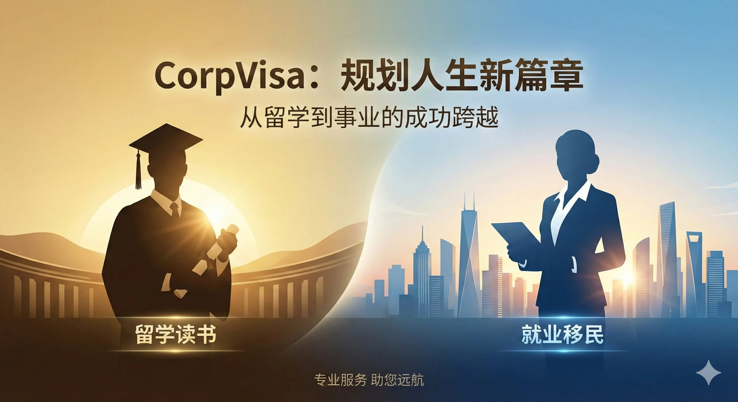 一张充满启发性的总结图片，画面左侧是一位身穿学士服的毕业生剪影，右侧平滑过渡到一位身穿职场西装的专业人士，背景是日出时分的国际化大都市天际线。这种视觉隐喻象征着从'留学读书'到'就业移民'的成功跨越。色调采用金色与蓝色的渐变，寓意着通过CorpVisa的规划，用户将迎来光明的人生下半场，激发用户点击咨询的欲望。