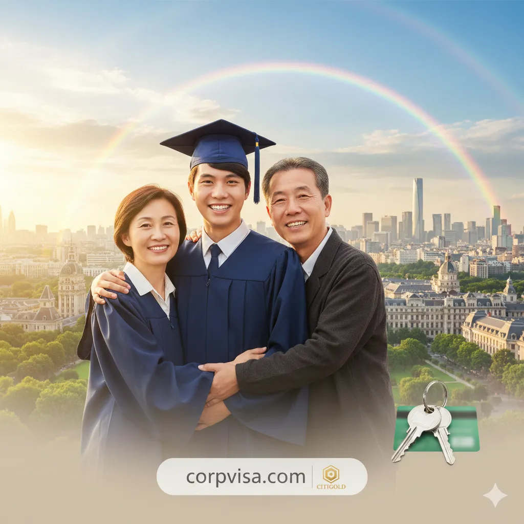 一张象征留学成功与海外安家的愿景图。画面展示了一位身穿毕业学士服的留学生与父母在海外城市的城市天际线前拥抱合影,背景可以是典型的欧美建筑风格或绿地。天空中有一道彩虹或明媚的阳光。画面角落隐喻地放置了一串房屋钥匙或绿卡概念图,象征从留学到移民的完美过渡。整体风格温馨、励志,色彩饱和度适中,给人以圆满和值得信赖的感觉。