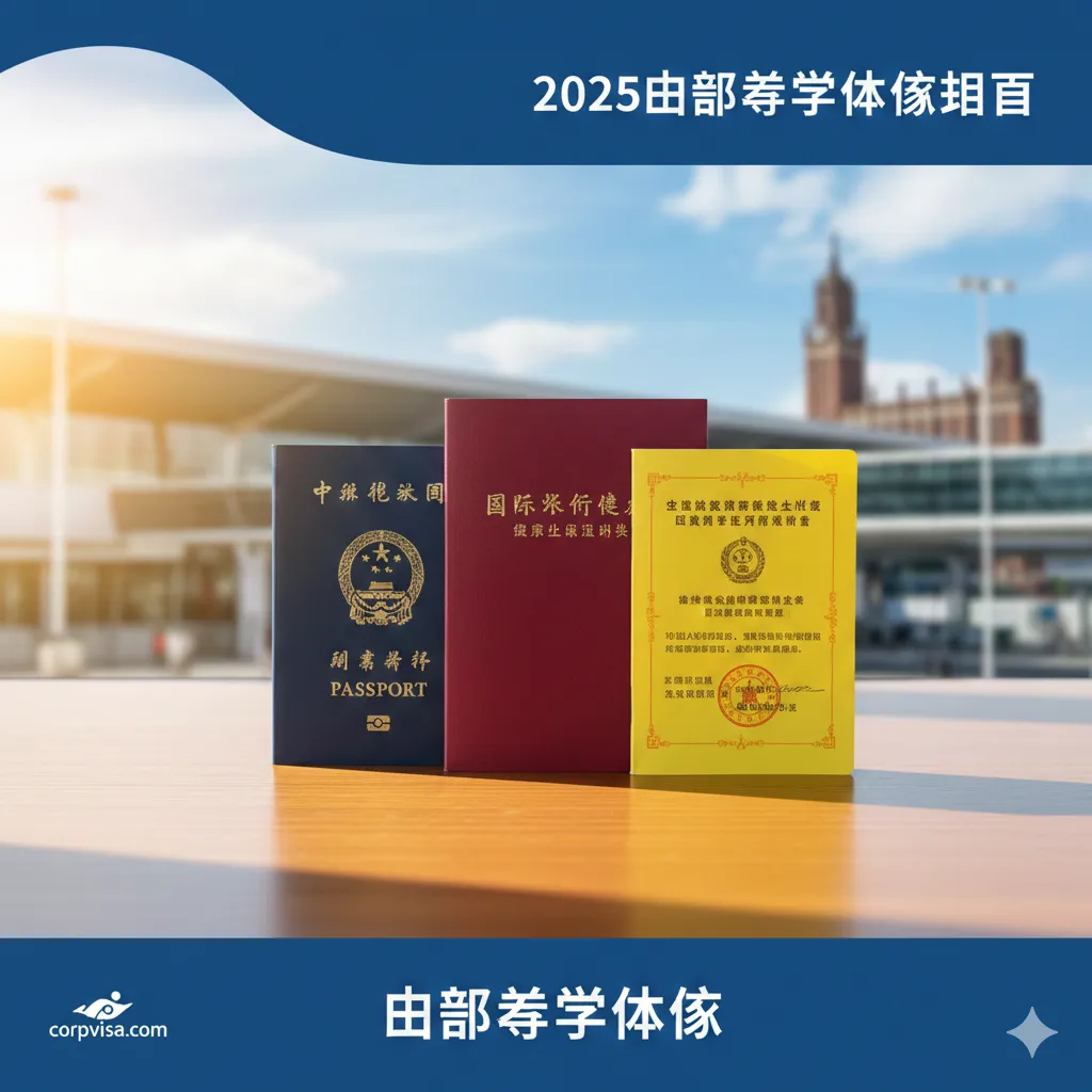 一张极具质感的出国留学主题封面图。画面中心整齐摆放着留学生必备的‘三件套’：一本中国护照、一本深红色的《国际旅行健康检查证明书》（小红本）和一本黄色的《疫苗接种或预防措施国际证书》（小黄本）。背景融入了模糊的机场航站楼或大学校园建筑轮廓，阳光从侧面洒入，营造出充满希望与启程的氛围。整体色调以Corpvisa品牌的专业蓝白色系为主，搭配暖光，传递出专业、安心与顺利通关的视觉感受。