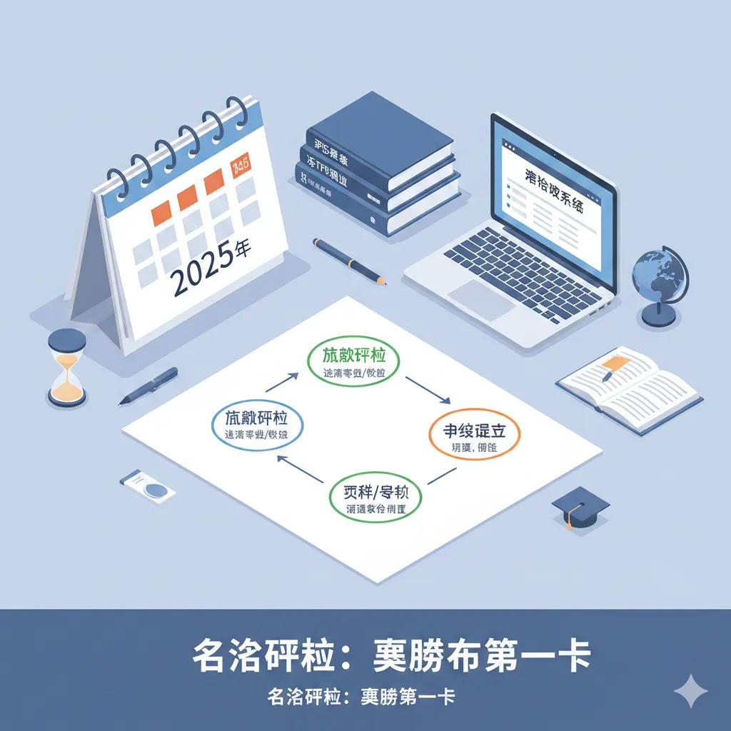 展示留学规划时间轴的创意平铺图或等轴侧图。画面清晰地展示了一个标记着2025年的日历、IELTS/TOEFL备考书籍、笔记本电脑以及一张手绘的流程图,流程图连接着“宏观规划”、“背景提升”和“申请递交”几个节点。风格现代且条理分明,强调时间管理的紧迫性和科学性,视觉上使用清爽的冷色调,突出“规划决定成败”的主题。