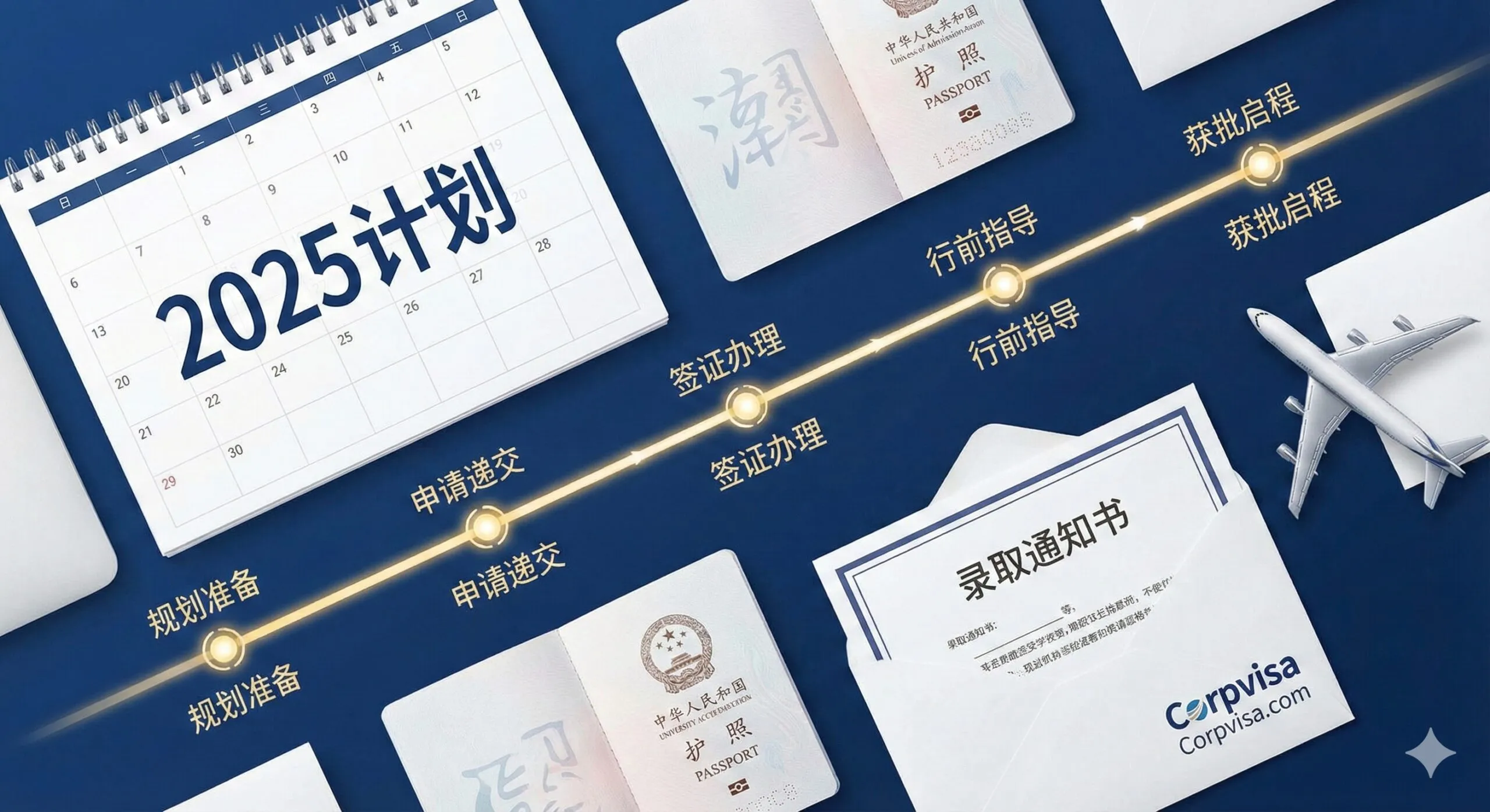 一张极具专业感的高清封面图，展示2025年出国留学全流程的宏观视角。画面构图采用俯拍的整洁桌面，摆放着带有'2025 Plan'字样的日历、一本打开的护照、一张大学录取通知书（Offer）以及一架精致的飞机模型。画面中巧妙融入一条发光的金色时间轴线条，连接起起点与终点，象征从规划到获批的完整路径。色调以Corpvisa品牌的专业深蓝与纯白为主，光线柔和明亮，传递出秩序感与从容不迫的准备心态。