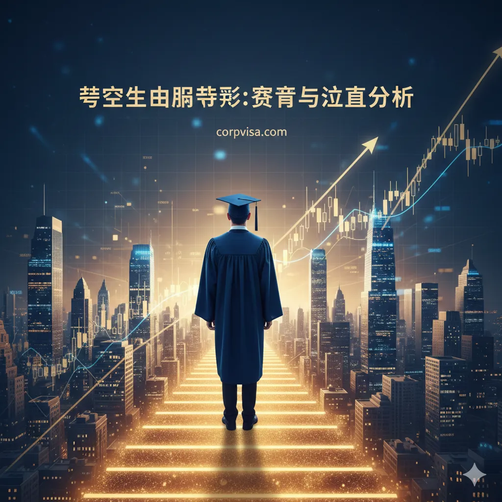 一张充满希望和前瞻性的总结图片，展示留学带来的投资回报率（ROI）。画面展示一个身穿毕业袍的背影正走向一条向上的发光阶梯，阶梯尽头是繁华的国际大都市天际线。背景中融合了上升的股票K线图或数据增长曲线，象征着薪资增长和职业前景的广阔。色调使用暖金色和科技蓝的渐变，营造出成功、高端和值得投资的氛围，呼应文章关于留学价值的探讨。
