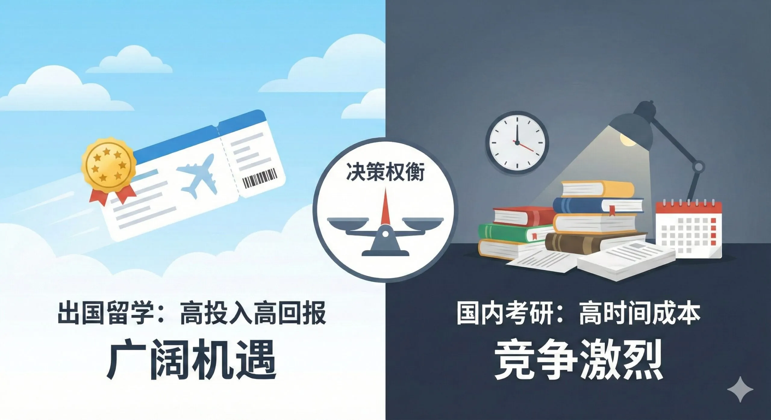 一张对比鲜明的概念图,用于展示‘留学 vs 考研’的决策矩阵。画面左侧展示一张飞向蓝天的飞机票和金色的五星评价,代表高投入高回报的留学;画面右侧展示一盏孤灯下堆积如山的复习资料和时钟,代表高时间成本的国内考研。中间有一个天平图标,正在进行权衡。图片色调左侧明亮开阔,右侧略显压抑,视觉上直观呈现两种选择的机会成本差异。