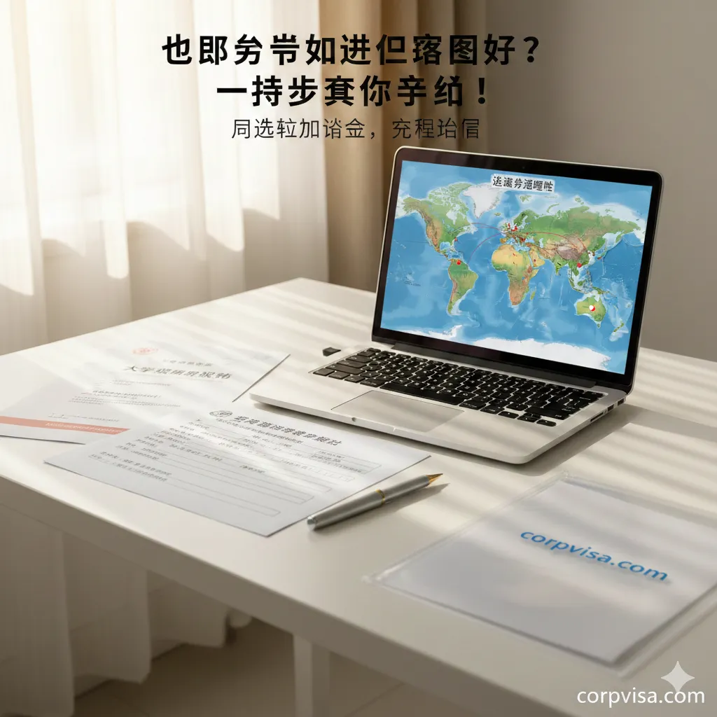一张高清晰度的实拍特写照片，展示了申请留学的具体准备过程。画面聚焦在一个整洁的白色办公桌上，摆放着填写好的签证申请表、录取通知书（Offer）、一支钢笔以及一台显示着世界地图界面的笔记本电脑。阳光从侧面洒入，营造出专注、有序且充满期待的氛围，旨在引导读者一步步了解从选校到签证办理的实际操作流程。