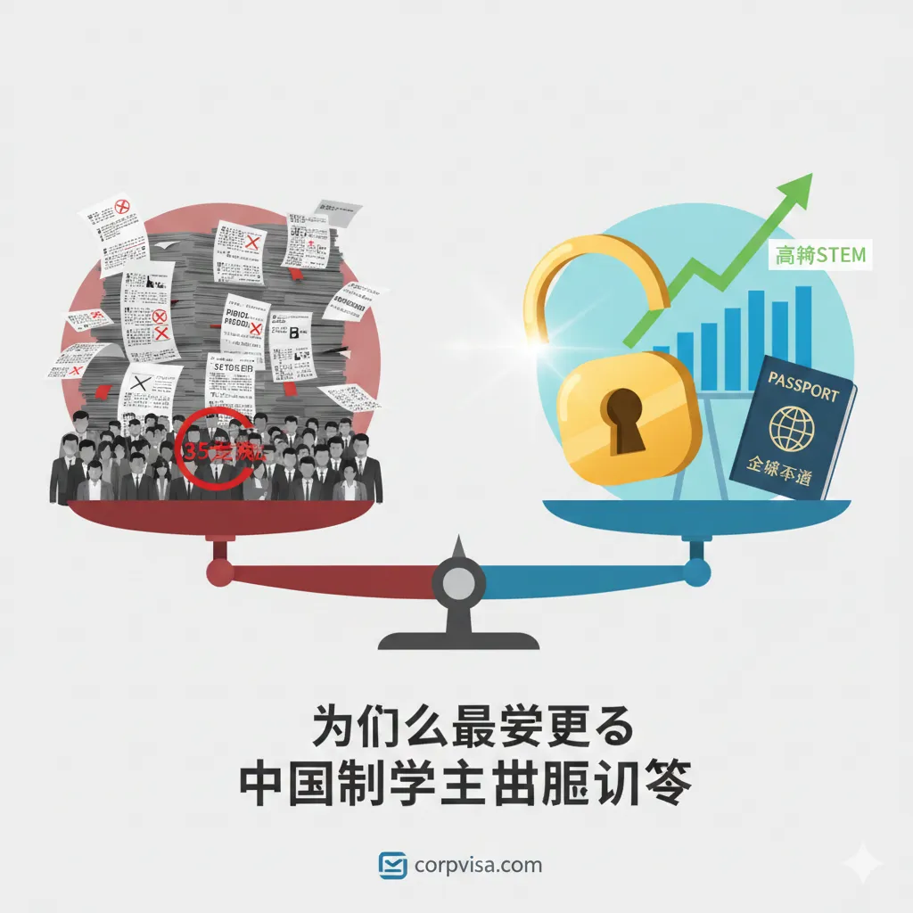 功能/特性图片需视觉化地展现驱动留学潮的“深层推力”（Push Factors）和“核心吸力”（Pull Factors）。画面采用一个平衡天平（Scale）的抽象概念。左侧“Push”一端是沉重的、压抑的灰色和红色元素，如堆积如山的考试卷、拥挤的职场人流（35岁危机标志），象征国内教育内卷和就业压力。右侧“Pull”一端是明亮、开放的蓝色和绿色元素，如一把打开的“机会之锁”、向上生长的薪资图表和国际护照图标，象征海外多元教育、高薪STEM专业和高ROI。视觉对比强烈，直观展示留学是寻求平衡与更好机会的策略。