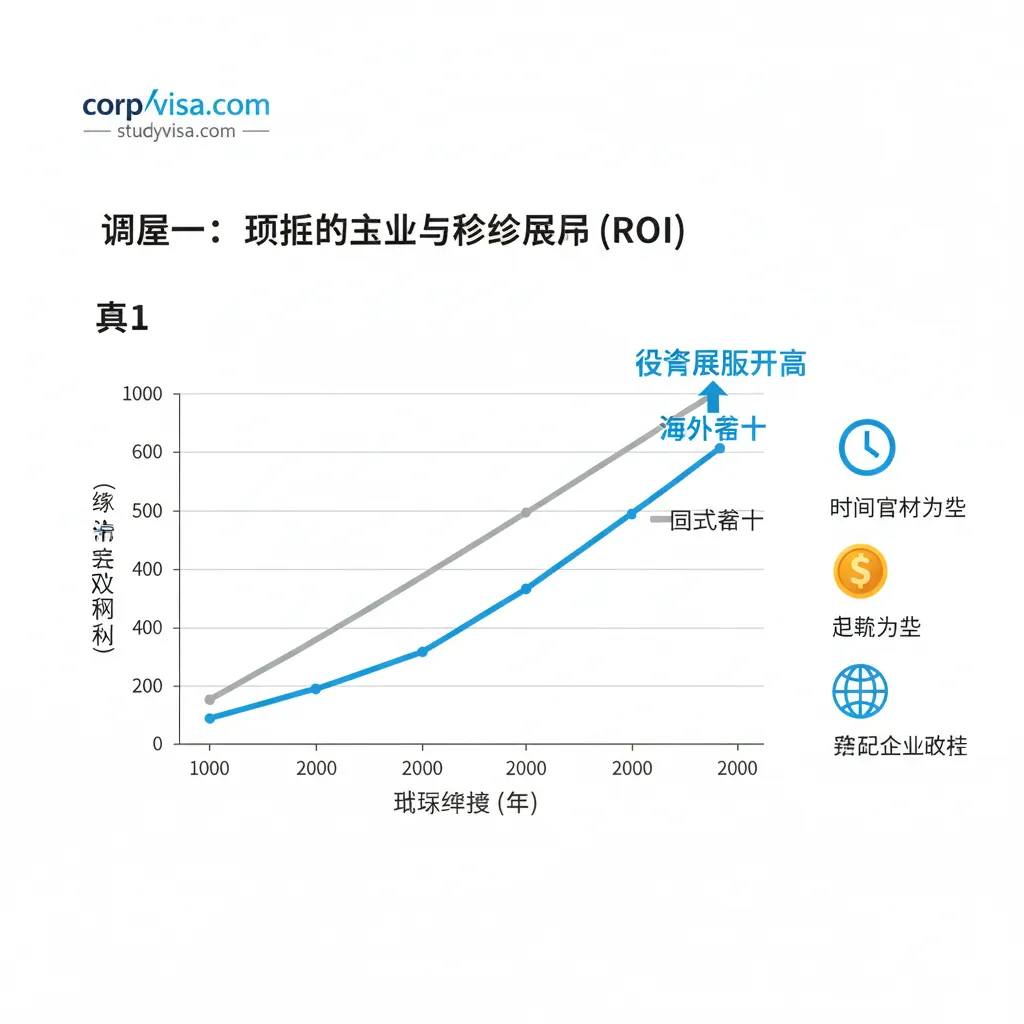 聚焦“维度一:硬核的就业与薪资回报 (ROI)”和“表1”数据。画面应展示一个清晰的金融图表元素,对比国内硕士(用灰色或橙色表示的较低增长曲线)与海外硕士(用蓝色或金色表示的更陡峭的上升曲线)在职场经验和收入积累上的差异。图表旁边配有三个具象小图标:一个时钟(代表时间成本优势)、一个薪资符号($,代表起薪优势)、一个地球仪(代表跨国企业机会)。整体风格简洁、数据可视化强,用专业图表语言突出留学的高回报率,体现ROI价值。