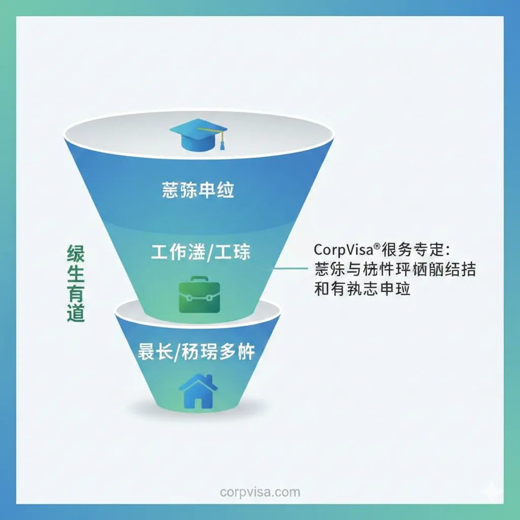 展示留学（Education）、就业（Job/Work Permit）、永居（Permanent Residence）三位一体的流程图。主视觉是一个三段式漏斗或箭头流程图，从顶部的“留学申请”到中间的“工作签证/工签”再到底部的“绿卡/永居身份”。色彩使用蓝绿渐变，突出“绿色通道”的概念。每个阶段配有小图标：🎓（留学）、💼（工作）、🏠（绿卡）。强调CorpVisa服务特色：将留学与身份规划前置结合，而非只关注申请。
