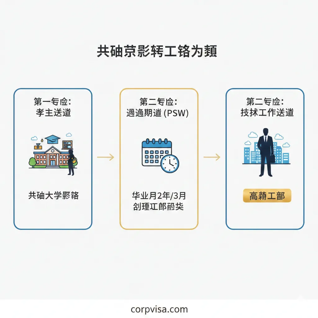 展示“留学转工签”的教程步骤。设计成一个三段式流程图（Infographic）：第一阶段是“Tier 4/Student Visa”（学生签证，配以大学校园图标），第二阶段是“Graduate Route/PSW”（过渡期，配以日历或时钟图标），第三阶段是“Skilled Worker Visa”（工签，配以西装革履的职业人士剪影和高薪标签）。使用箭头连接这三个步骤，并标注关键时间点（如2年/3年）。整体风格清晰、逻辑性强，帮助读者理解“英国留学转工签路径”。