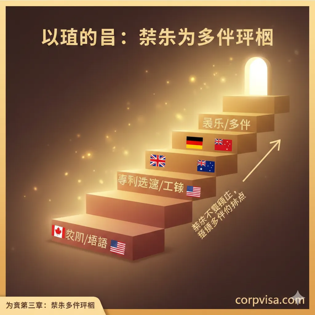 图片作为文章的总结和未来规划引导。主题是'以终为始:留学到身份规划'。画面采用一个分层的、向上的金字塔或阶梯结构。底层是'学历/语言',中间层是'专业选择/工签',顶层是'绿卡/身份'。阶梯的旁边应有不同国家的国旗小图标。强调留学不是终点,而是通往移民身份的跳板。色彩应是积极的暖色调,象征光明的未来。对应文章第三章的留学身份规划。