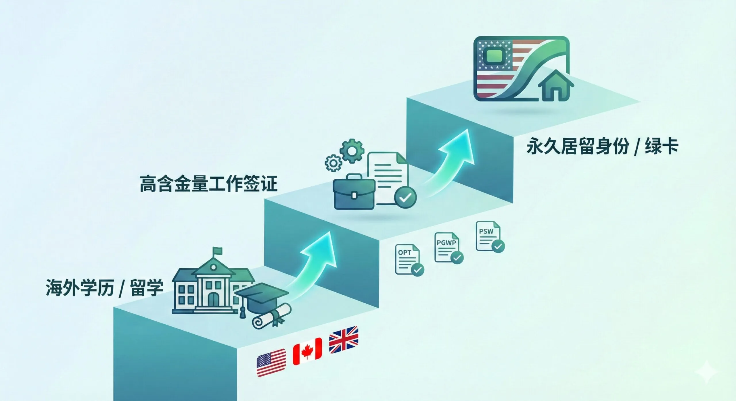 功能图聚焦于留学如何作为“工作签证跳板”的功能。图片设计成一个清晰的流程图或阶梯图:底部是“海外学历/留学”,中间是“高含金量工作签证(OPT/PGWP/PSW)”,顶部是一个代表永久居留身份的抽象绿卡或国旗徽章。使用箭头连接这些步骤,强调其连贯性和战略性。色彩采用专业的蓝绿色调,体现身份规划的专业性。图中可以加入美国、加拿大、英国的国旗小图标在流程图的相应位置,增强地域关联。