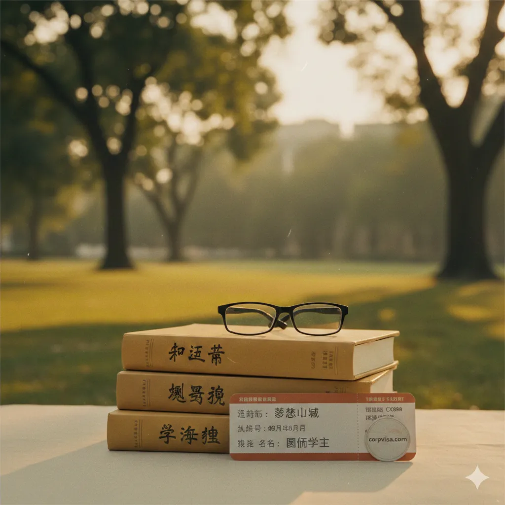 展现圆满结果的总结性意象图。画面中心是几本厚实的学术书籍，上面放置着一副黑框眼镜和一张通往梦想城市的机票。背景是虚化的校园草坪。光影温暖，呈现出一种尘埃落定后的成就感与祥和感。整体氛围宁静而充满力量，象征着留学旅程的完美开启，色彩偏向复古胶片感，极具人文气息。