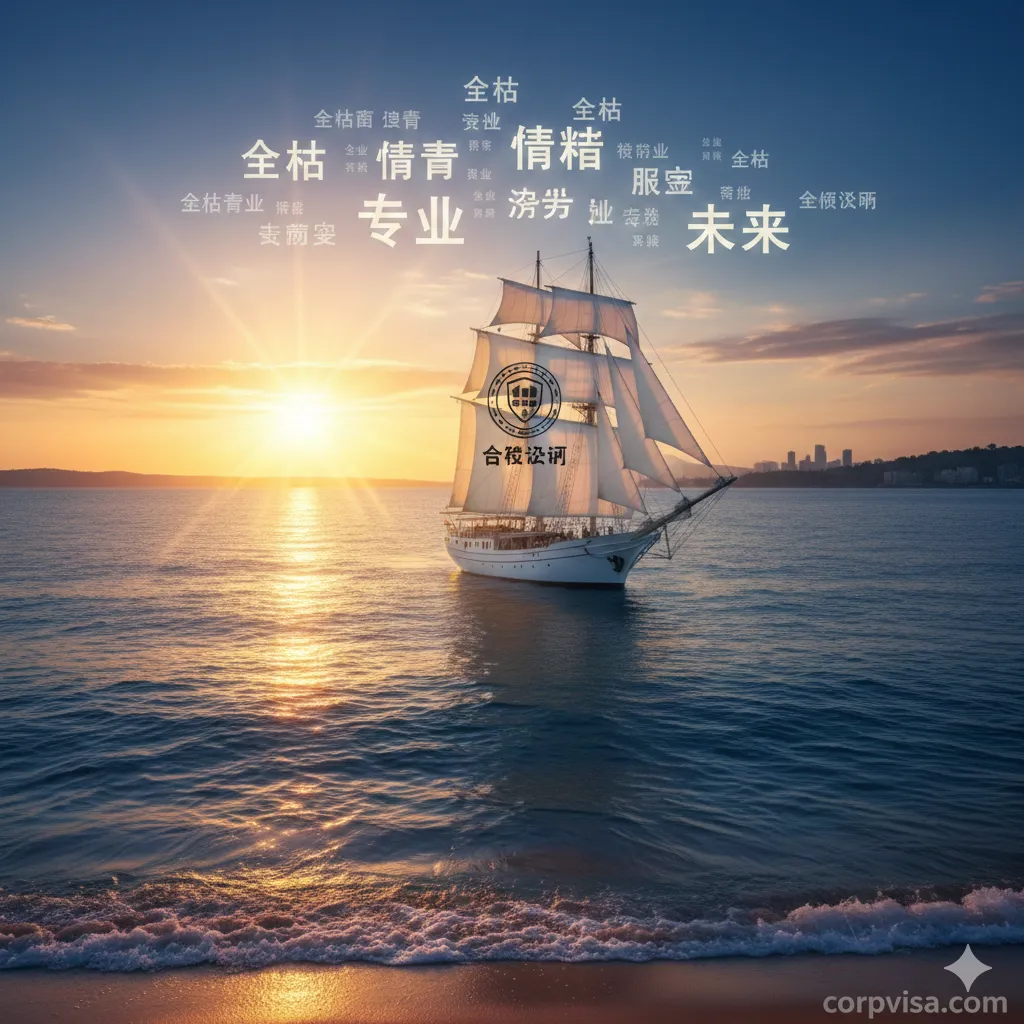 一张象征品牌重塑与蓝海战略的概念图。画面中央是一艘白色的帆船在平静的蔚蓝海面上航行，帆船帆面上印有合规认证的徽章。远处是初升的太阳，阳光穿透云层洒在海面上，寓意corpvisa.com在经历风波后迎来了新的发展机遇。天空中有半透明的关键词云图，高亮显示'Legal'、'Trust'、'Visa'等正向词汇。整体构图开阔大气，色彩明亮饱满，给用户传递出积极向上的未来展望。