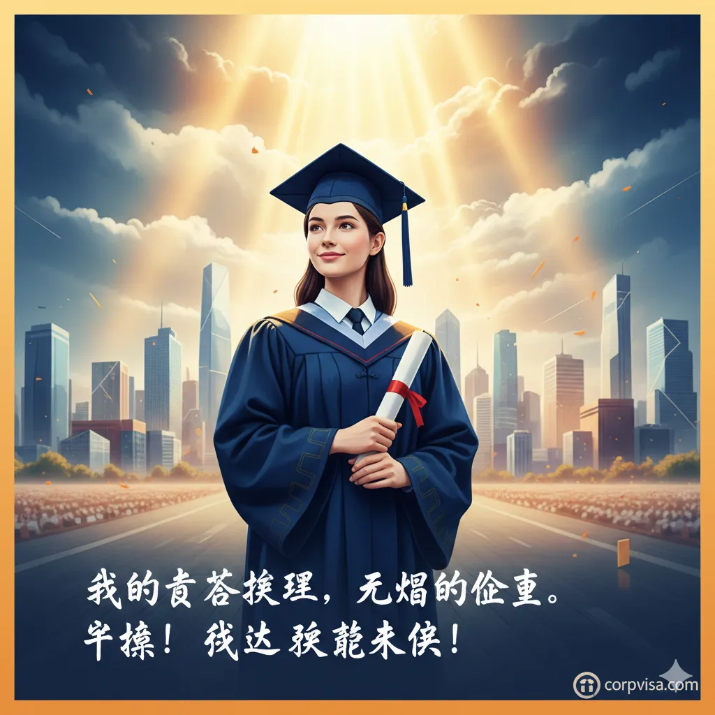 总结图片应是高光时刻：一位身着毕业礼服的留学生，站在毕业典礼的会场外，手中拿着毕业证书，自信地望向远方。她的身后是模糊的、象征未来职业道路的城市天际线（可包含一些抽象的商务建筑）。画面上方投射着明亮的光芒，象征着“值得”和“未来”。整体风格大气、振奋人心。下方可以有“My Journey, My Worth”（我的旅程，我的价值）的文字。色彩饱和度高，强调梦想实现和新征程的开始，为文章做一个圆满且鼓舞人心的结尾。