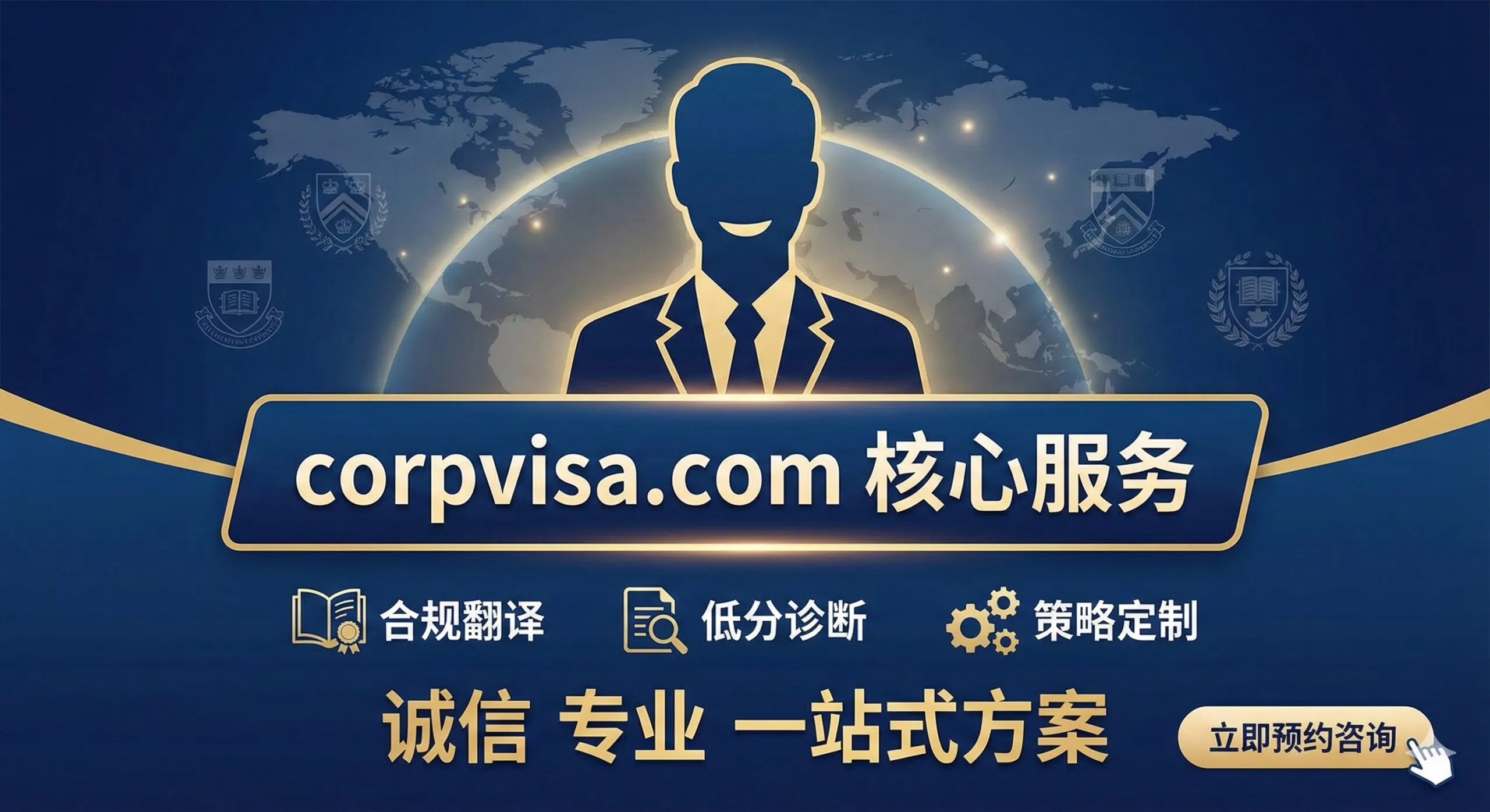 总结与行动号召图。画面中央是一个专业且可信赖的留学顾问形象(可以是一个抽象的、面带微笑的专业人士剪影,背景是全球地图或国际大学的标志)。画面底部或一侧用醒目的文字突出 corpvisa.com 的核心服务:合规翻译、低分诊断、策略定制。主色调使用企业色(如深蓝或金色),强调“诚信”、“专业”和“一站式方案”,引导用户放弃高风险行为,转向专业的咨询服务。构图应具有引导性,指向预约或下载按钮。