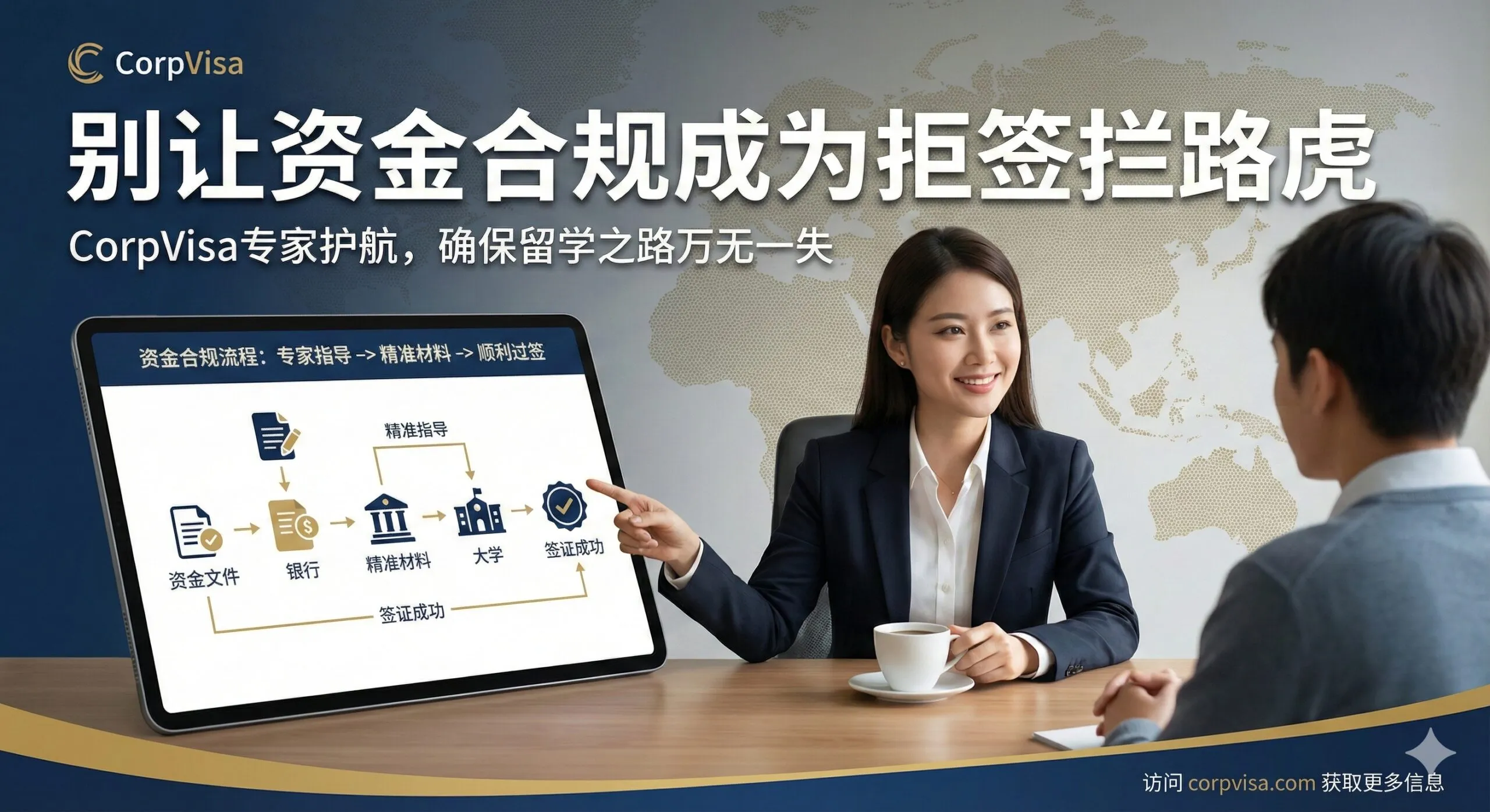 此图作为文章的结尾总结,侧重于引导用户采取行动。画面采用一个专业商务的场景,一位身穿职业装的签证或资金顾问(CorpVisa专家形象)正坐在一张干净的办公桌前,桌上放着平板电脑和一杯咖啡,他正微笑着指向屏幕上的复杂流程图或清单,向对面的学生或家长(背影或侧面)提供指导。背景可以有一个全球地图的隐约纹理,象征全球服务。核心信息是'别让资金合规成为拒签拦路虎',强调通过专业咨询可以确保万无一失。风格应为鼓励性、信任感强,使用CorpVisa的品牌色作为主色调。