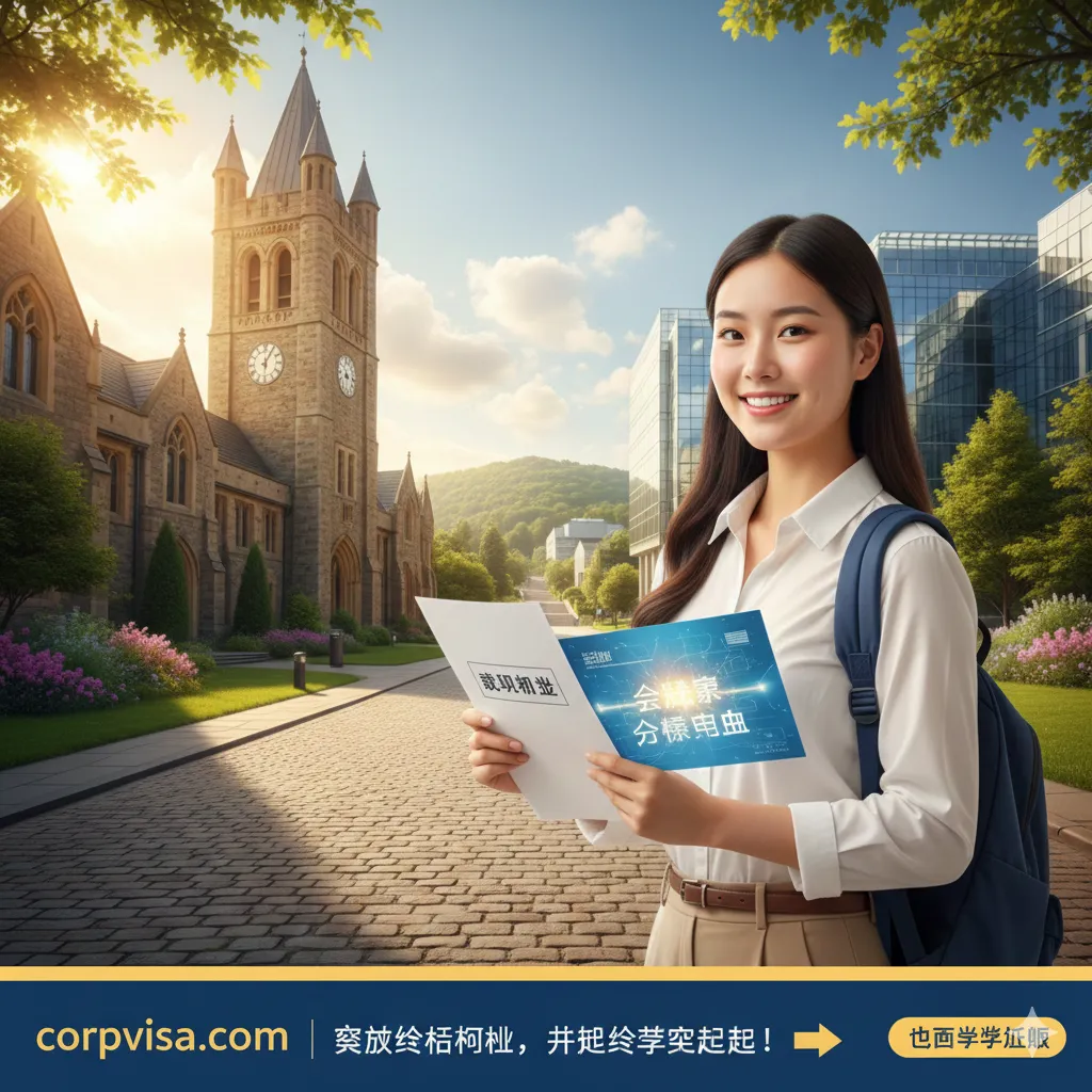 总结图片应展示成功留学和未来规划的积极成果。画面主体是一位自信微笑的留学生站在海外知名大学的标志性建筑前，手中拿着一份展开的录取通知书和一张信用卡或象征财务自由的图表。背景可以有一条清晰的向上延伸的道路，象征留学之路的顺利。整体色调阳光、积极，强调“资金难题解决”带来的“留学成功”和“未来发展”，最终鼓励用户采取行动（转化）。