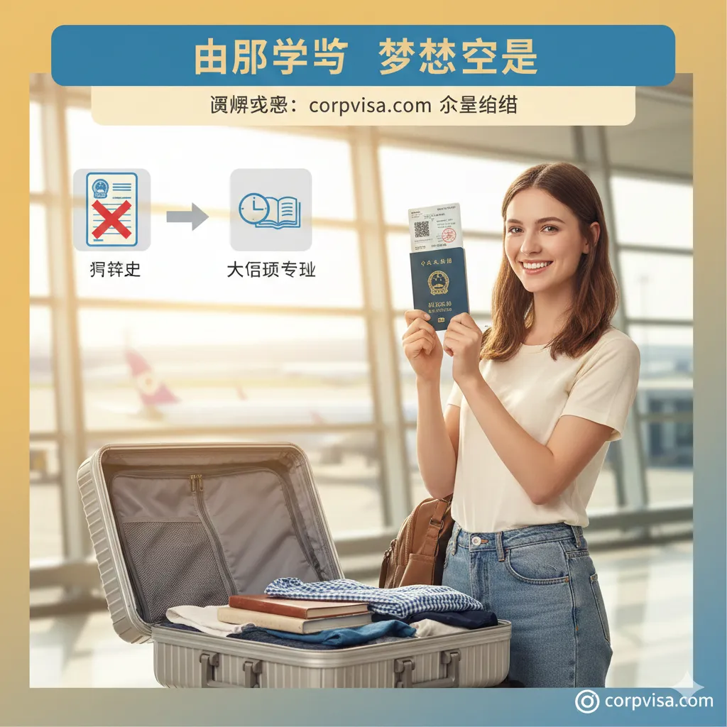 图片用于总结并展示成功案例。画面主体是一个正在旅行箱旁微笑着准备出发的年轻人，手中高举着一本打开的护照，上面的签证页清晰可见，充满希望和成功的喜悦。在背景的角落，可以模糊地显示两个小图标，分别代表“拒签史”（一个打叉的签证）和“大龄转专业”（一个时钟和一个书籍图标），通过箭头指向成功的护照，象征克服了复杂背景的挑战。整体风格温馨、励志，色彩明快，传达“圆满成功”和“梦想实现”的情感。