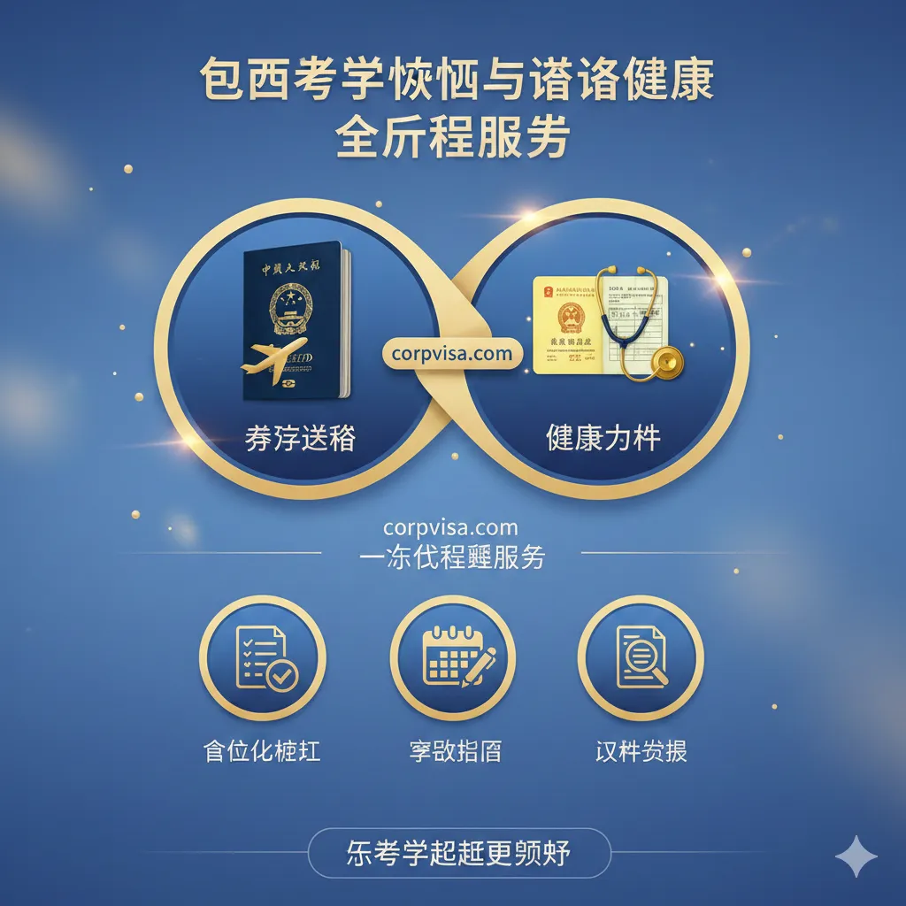 一张强调'签证与体检一站式服务'的总结图。图片内容:两个主要的圆形图标相互连接或交织在一起。左侧图标代表'留学签证'(如护照和飞机),右侧图标代表'健康文件'(如小黄本和听诊器)。连接处是'corpvisa.com'的标志或名称,表示无缝衔接。下方配上三个小图标,分别代表'个性化核对'、'预约指导'、'文件审核',总结服务内容。色彩:使用品牌蓝和金色,营造高端、可信赖的服务形象。