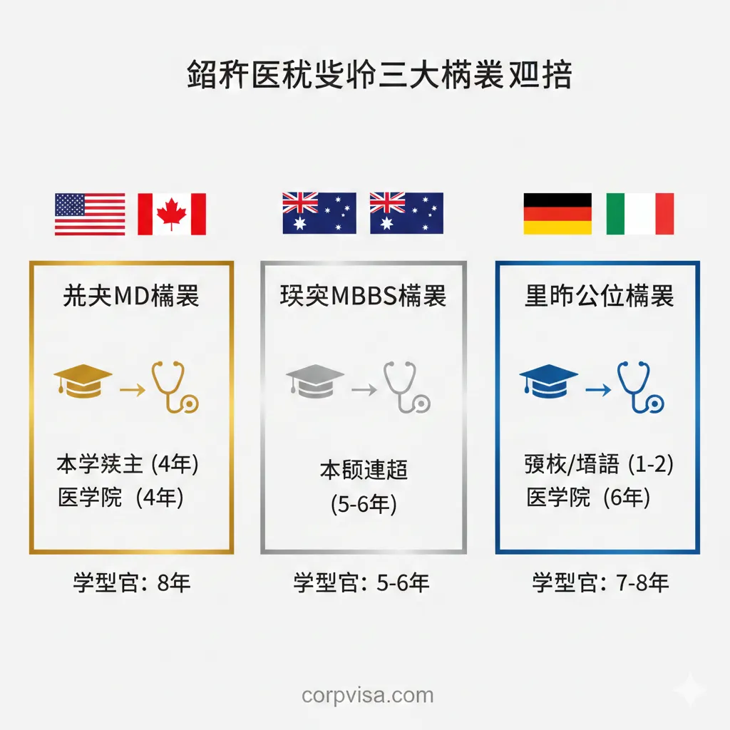 图片内容需清晰对比全球三大医学教育模式，即“北美MD模式”、“英澳MBBS模式”和“欧洲公立模式”。用三列图表或信息图的形式展现，每列上方用国旗代表国家，下方用简洁的图标（如一个学士帽代表本科，一个听诊器代表临床）和数字（如4+4年、5-6年）来标注学制长度。色彩区分鲜明，例如北美MD用金色，英澳MBBS用银色，欧洲模式用蓝色，以便于读者快速理解不同路径的“功能”区别和特点。