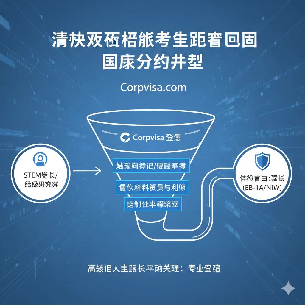图片旨在视觉化呈现高学历人才如何通过NIW/EB-1A锁定选择权的过程。采用流程图或管道图设计。流程始于“STEM博士/高级研究员”，通过一个带有“Corpvisa 评估”标志的漏斗，流向终点“身份自由：绿卡”。漏斗过程中的关键步骤应被高亮，如“挖掘论文引用/审稿经验”。背景可以融入一些抽象的科技感线条 and 数据流，暗示专业和效率。整体色彩应是蓝白色调，给人以清晰、可操作的指引感。