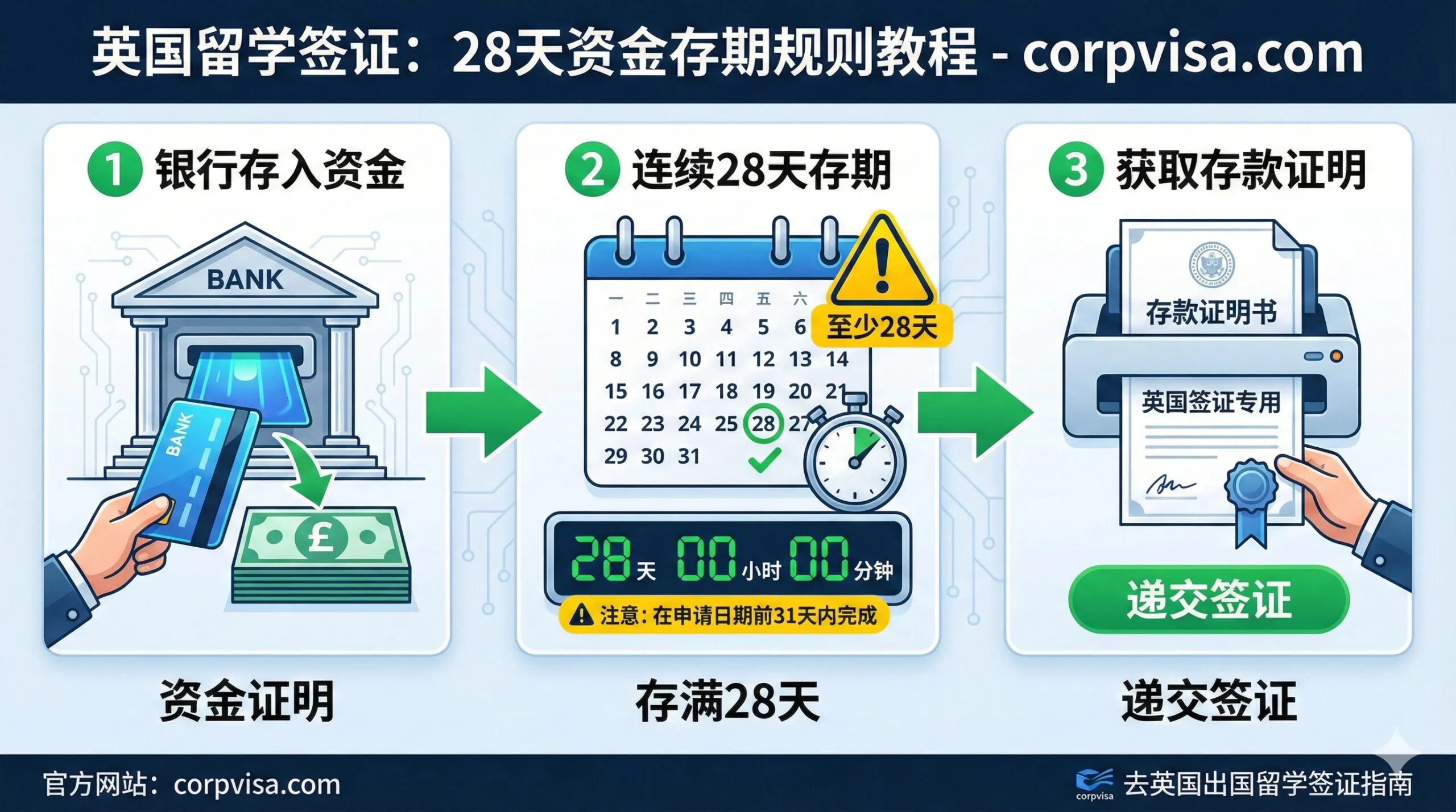 针对文章中“28天存期规则”这一重要的教程环节,设计一张清晰易懂的流程图或指示图。图片核心是一个三步走的视觉教程:第一步:银行存入资金(银行卡/现金图标),第二步:连续28天的日历或计时器(强调时间要求),第三步:获取存款证明(文件/证书图标)。使用箭头或数字清晰连接这三个步骤,下方配以“资金证明”、“存满28天”、“递交签证”的中文标签。色彩应使用对比鲜明的颜色(如绿色表示正确,黄色表示警告)来突出关键数字“28”和“31天”,帮助用户快速理解签证保证金的要求。