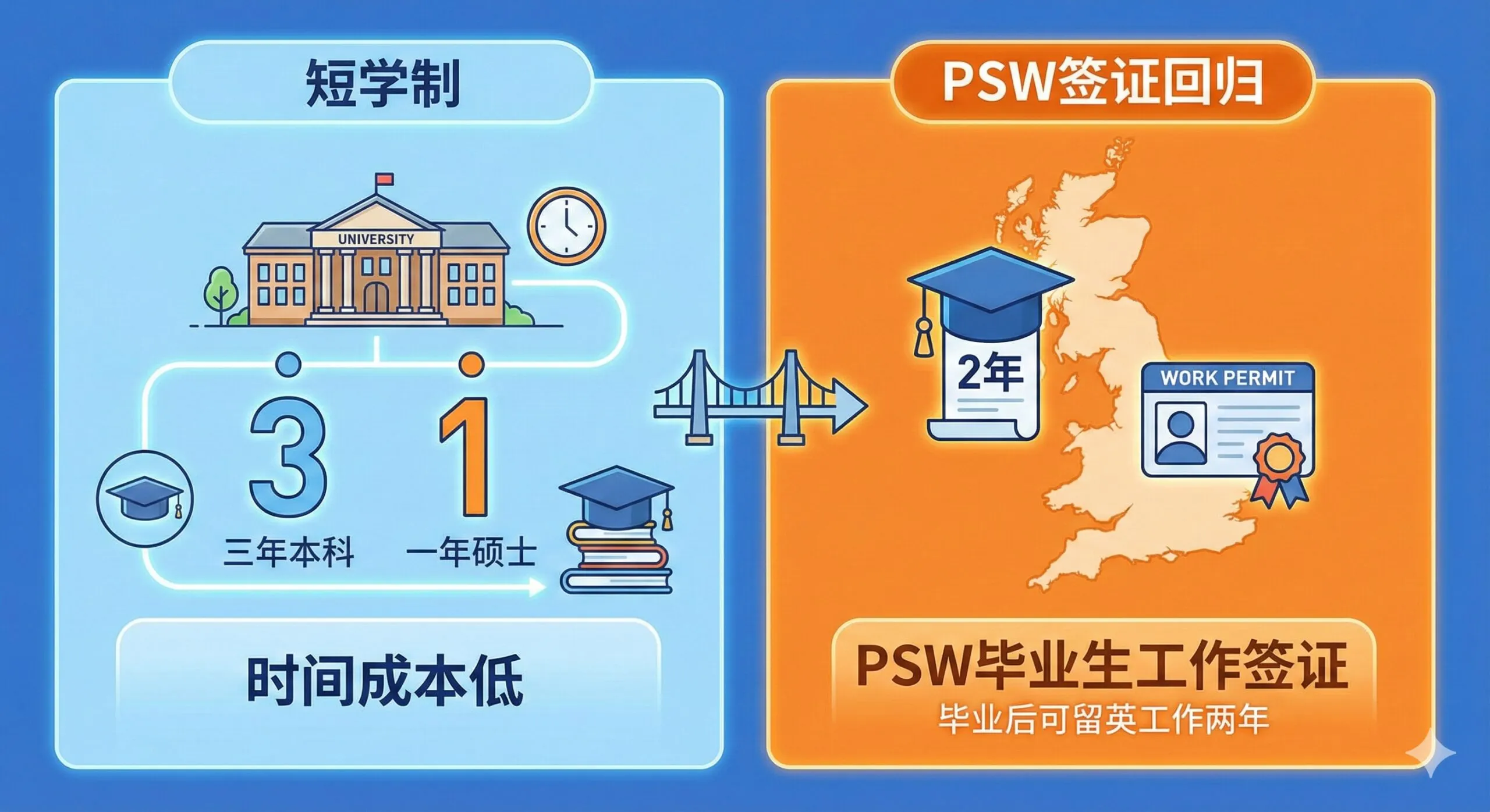 展示英国留学的核心优势,尤其是“短学制”和“PSW签证回归”的政策红利。图片采用左右或上下分栏设计。左侧/上半部分是一个快速的学位达成图:三年本科+一年硕士(或分别用3年和1年数字突出),背景是大学图书馆或教室,强调“时间成本低”。右侧/下半部分是英国地图上的一张工作许可证或一个印有“2 YEARS”字样的毕业帽,代表“PSW毕业生工作签证”。整体采用积极、明亮的色调,如浅蓝和橙色,象征机遇和未来,视觉上突出留学带来的职业发展优势。