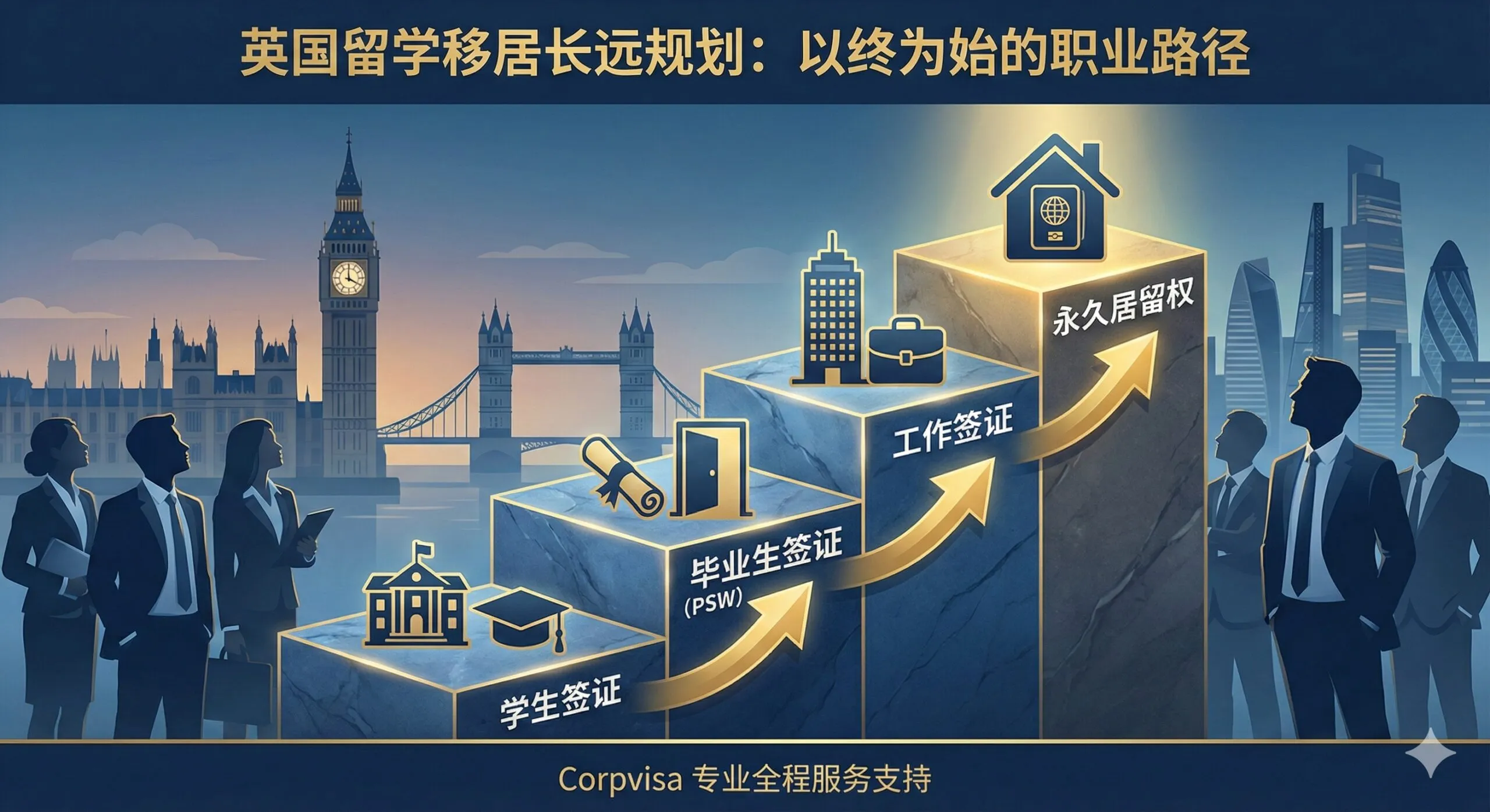 作为文章的总结图,聚焦于“以终为始”的长期规划,即“从留学到移居”的路线。图片设计成一个上升的阶梯或流程图,代表职业发展路径。起点是“Student Visa(学生签证)”,中间是“Graduate Route(PSW,2年)”,终点是“Skilled Worker Visa(工作签证)”和最终的“ILR(永居)”。阶梯的背景可以融入英国的城市天际线和职业形象(西装革履的人)。使用稳重的蓝、灰色调,配以金色线条,传达专业、可靠和长远规划的理念,总结 Corpvisa 提供的全程服务支持。