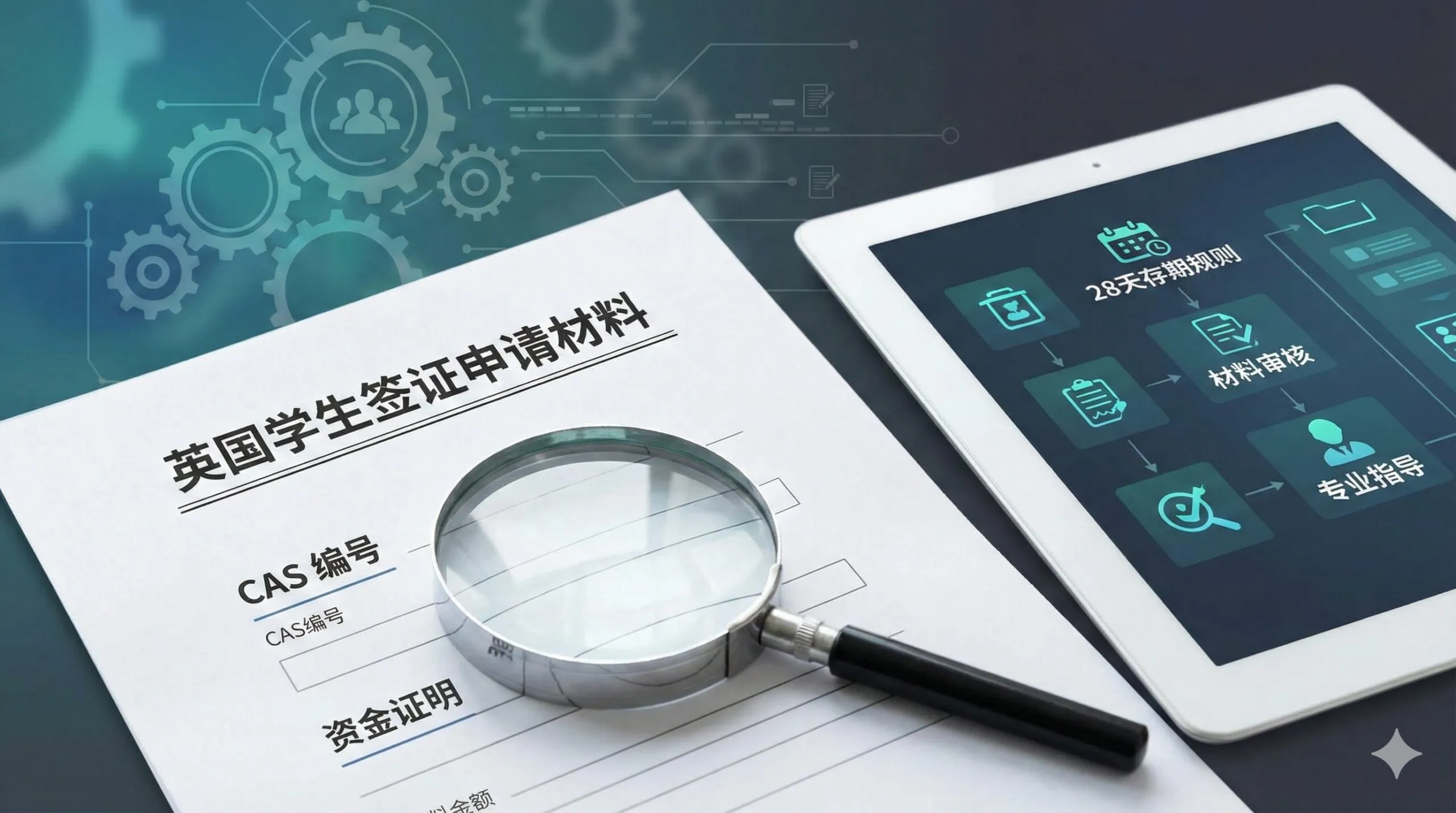 为突出 Corpvisa.com 的核心专业功能——“签证办理”,设计一张功能图。图片核心元素是一个放大镜正在仔细检查一张英国Student Visa(学生签证)的细节,或者是一份展开的正式文件(如CAS或存款证明),旁边的屏幕或图标显示着“28天存期规则”和“材料审核”等关键流程节点。整体风格应体现严谨、专业和聚焦。使用Corpvisa的品牌色(假设为蓝绿色或深灰),背景是抽象的流程图或齿轮,寓意服务的精细化和流程化,强调其专业签证服务能力。