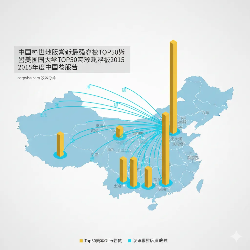 一张清晰的数据可视化地图，以中国地图为底板，高亮显示北京、上海、深圳等出国留学重镇。使用3D立体的金色柱状图展示2015年至今Top50美本Offer的数量分布，并用对比色线条勾勒出从一线城市向二线城市扩散的趋势线。风格简洁科技，背景为干净的灰白色，重点突出名校录取的地域集中度与变迁。